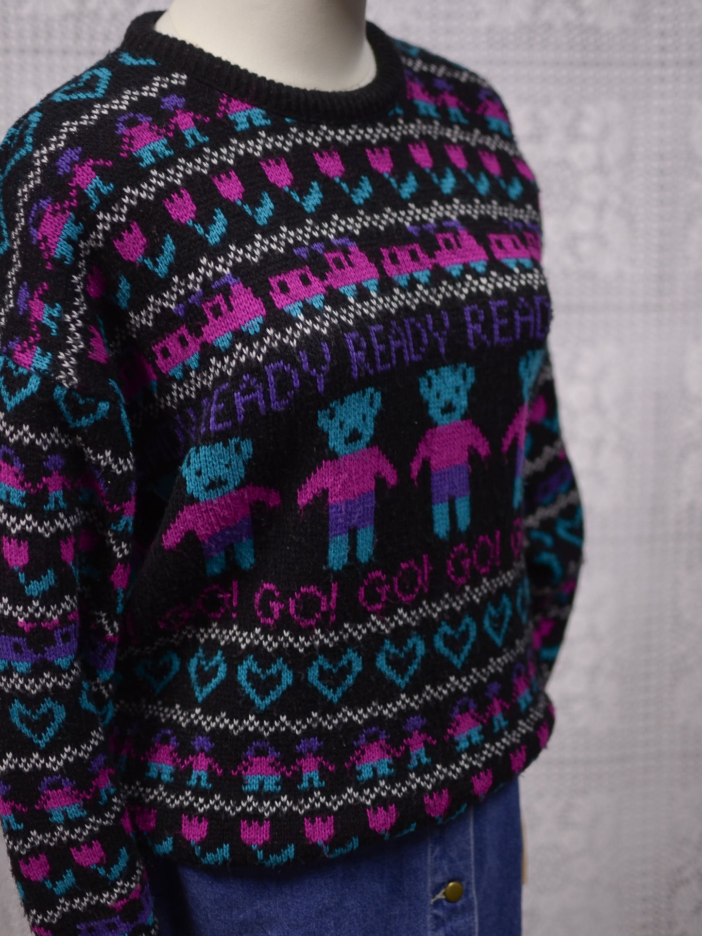 1980s black, pink and purple teddy bear novelty jumper