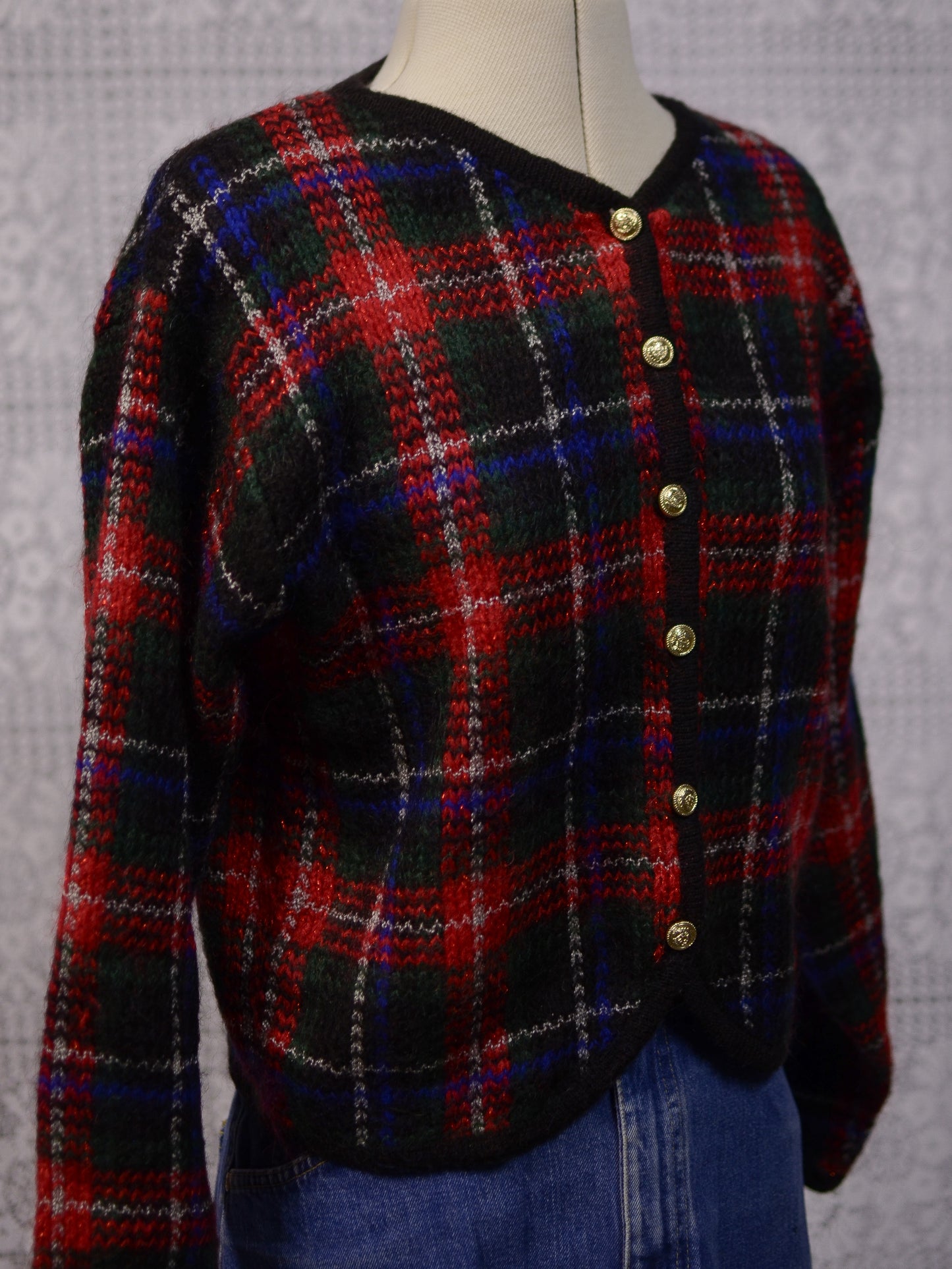 1980s red, green and blue tartan cropped cardigan