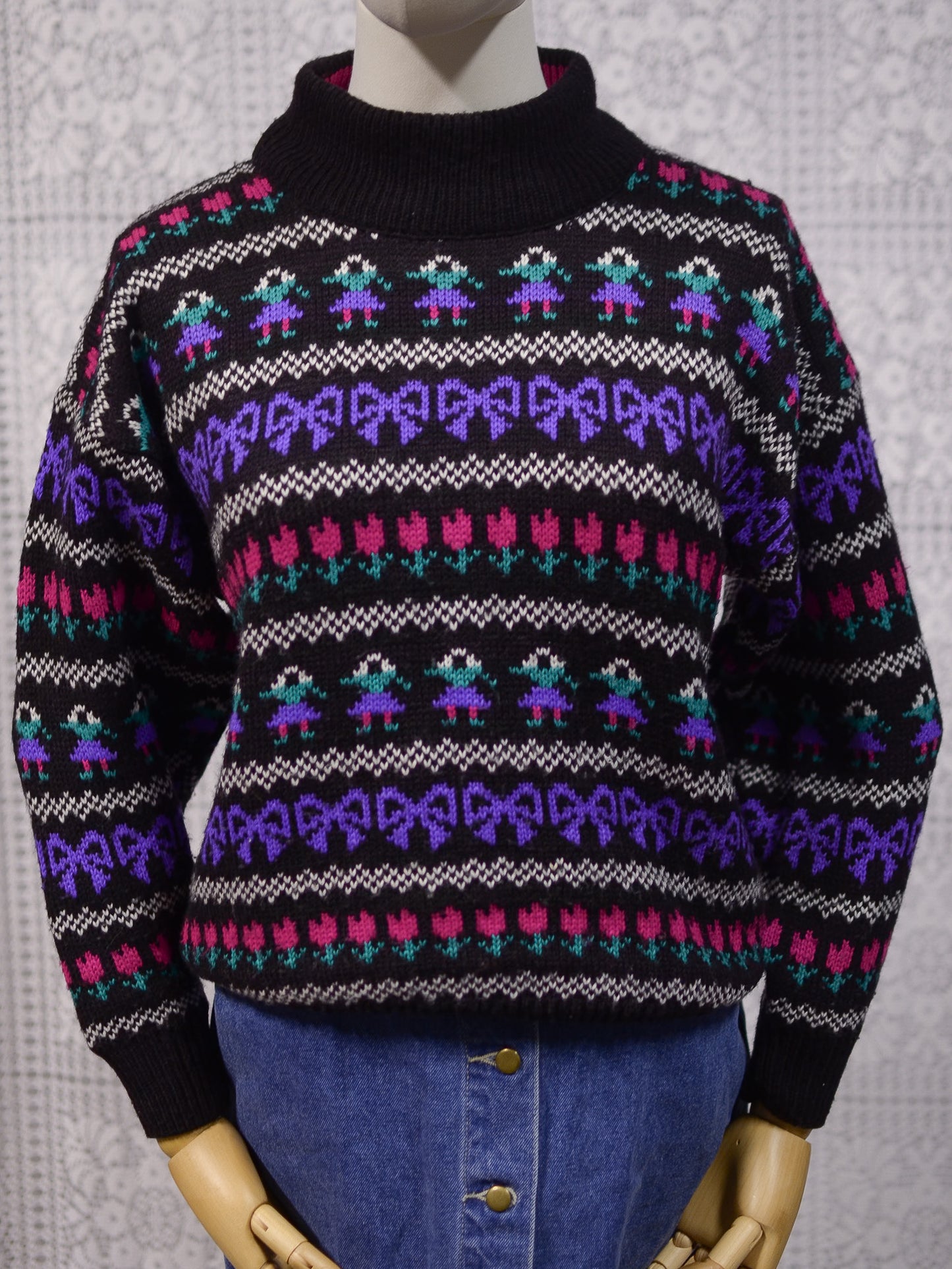 1980s black, purple and pink striped folk pattern jumper