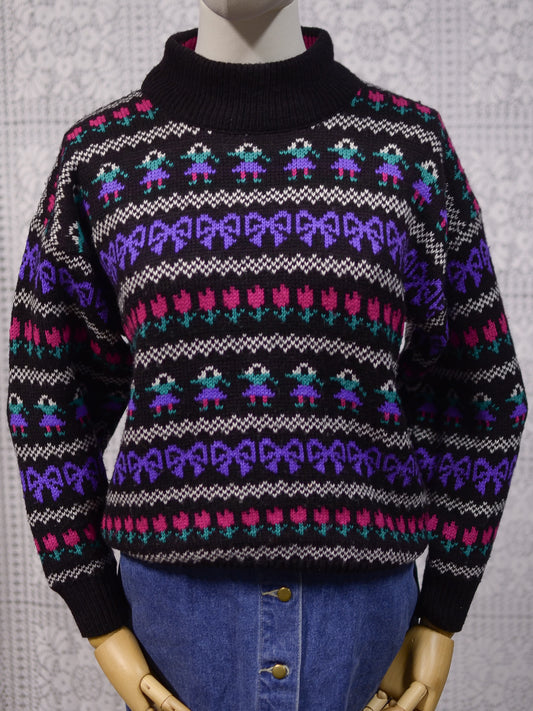 1980s black, purple and pink striped folk pattern jumper