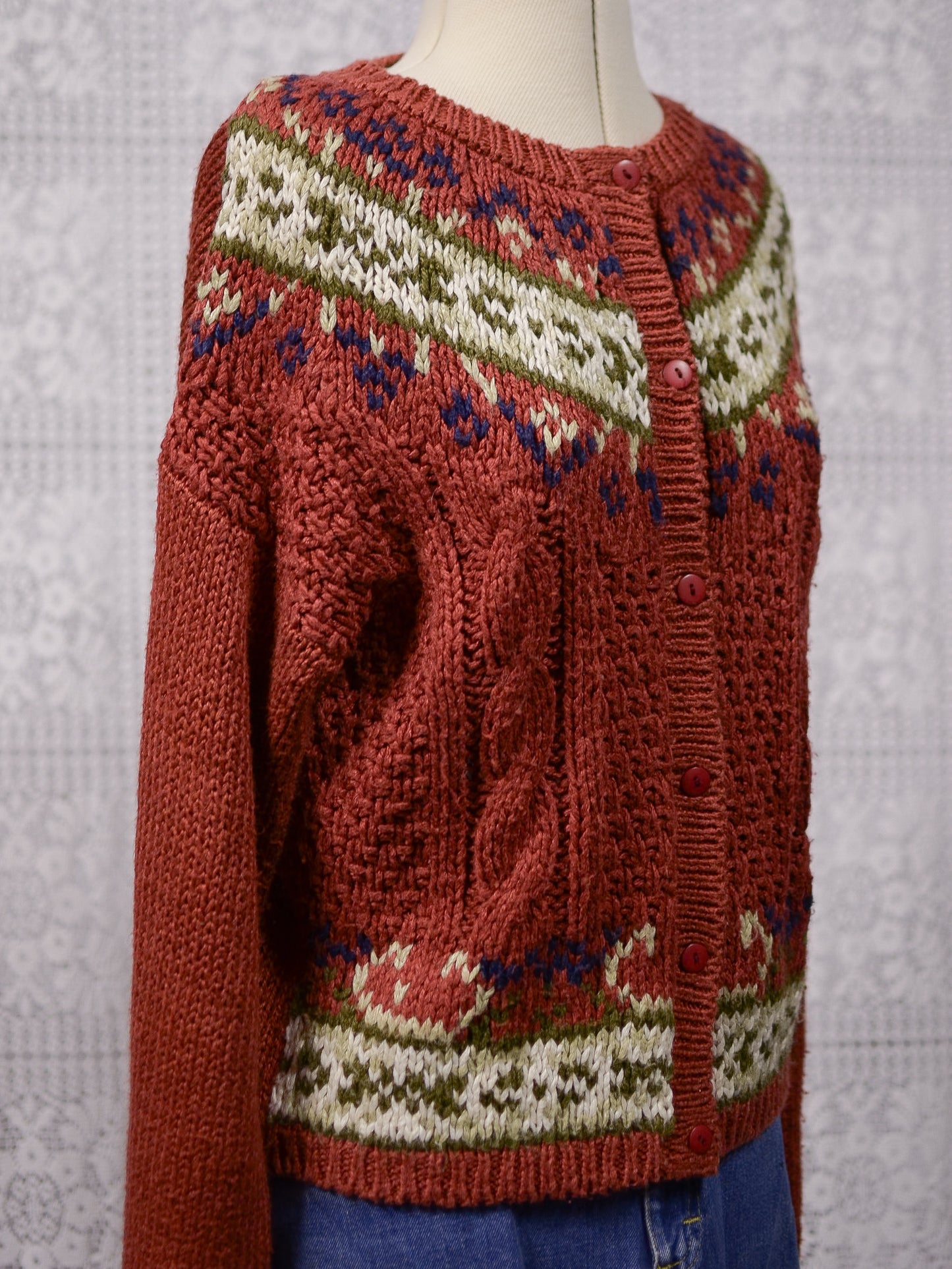 1990s dark red brown and cream floral pattern nordic cardigan