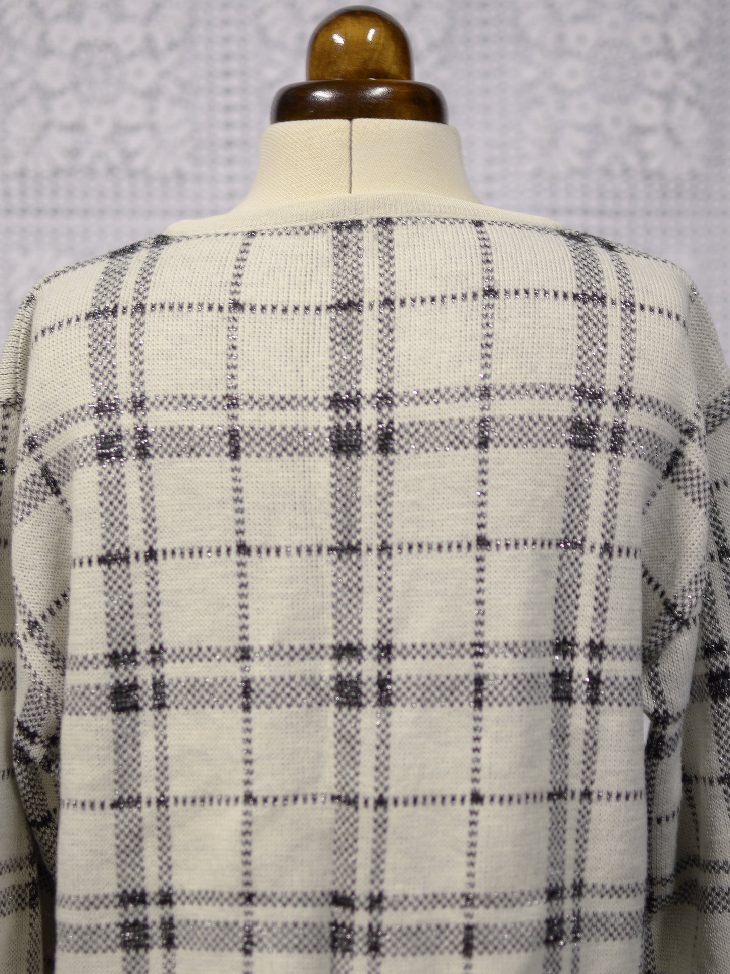 1980s cream, black and silver sparkly check floral rose pattern jumper