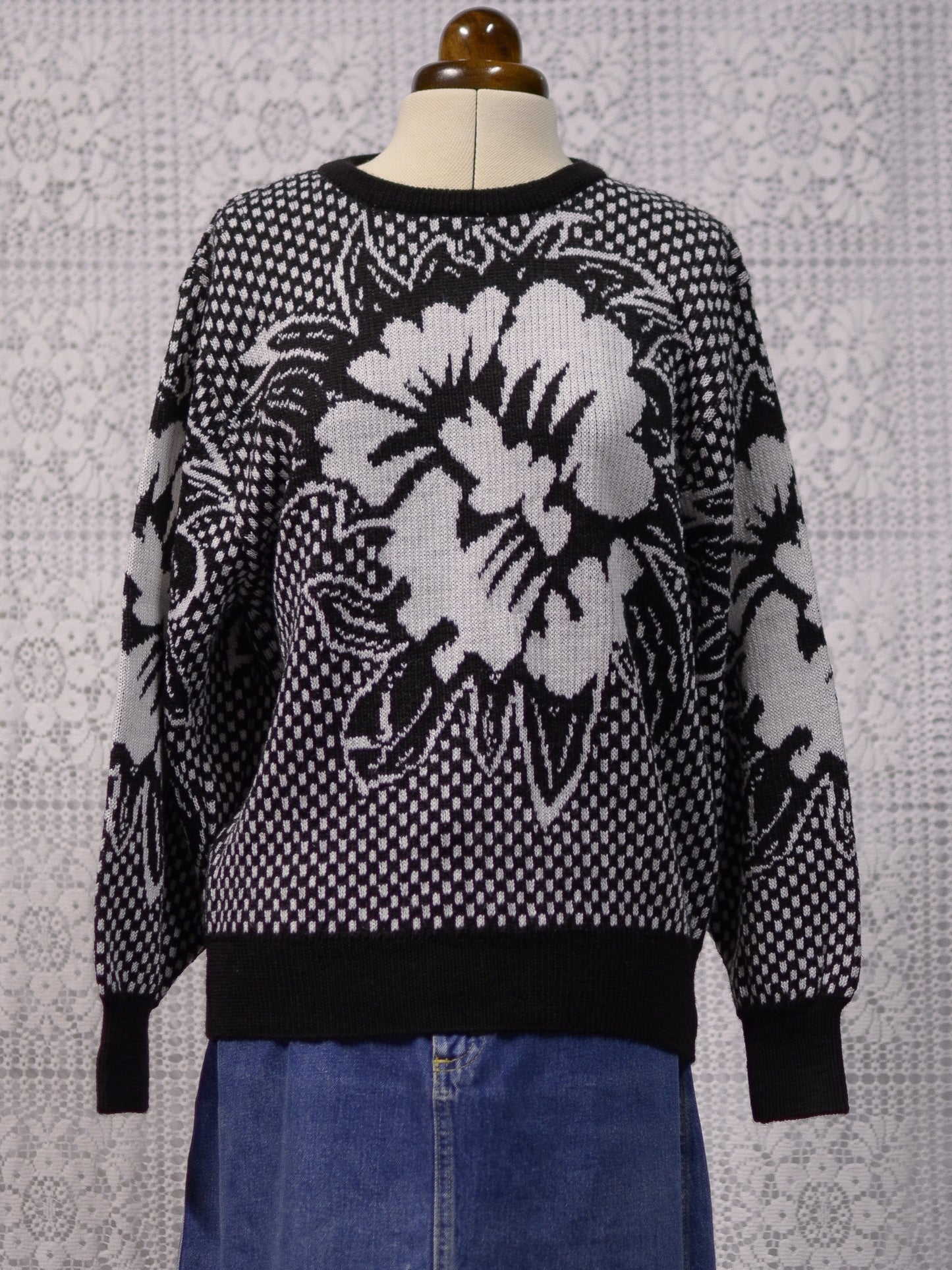 1990s black and white flower motif graphic jumper