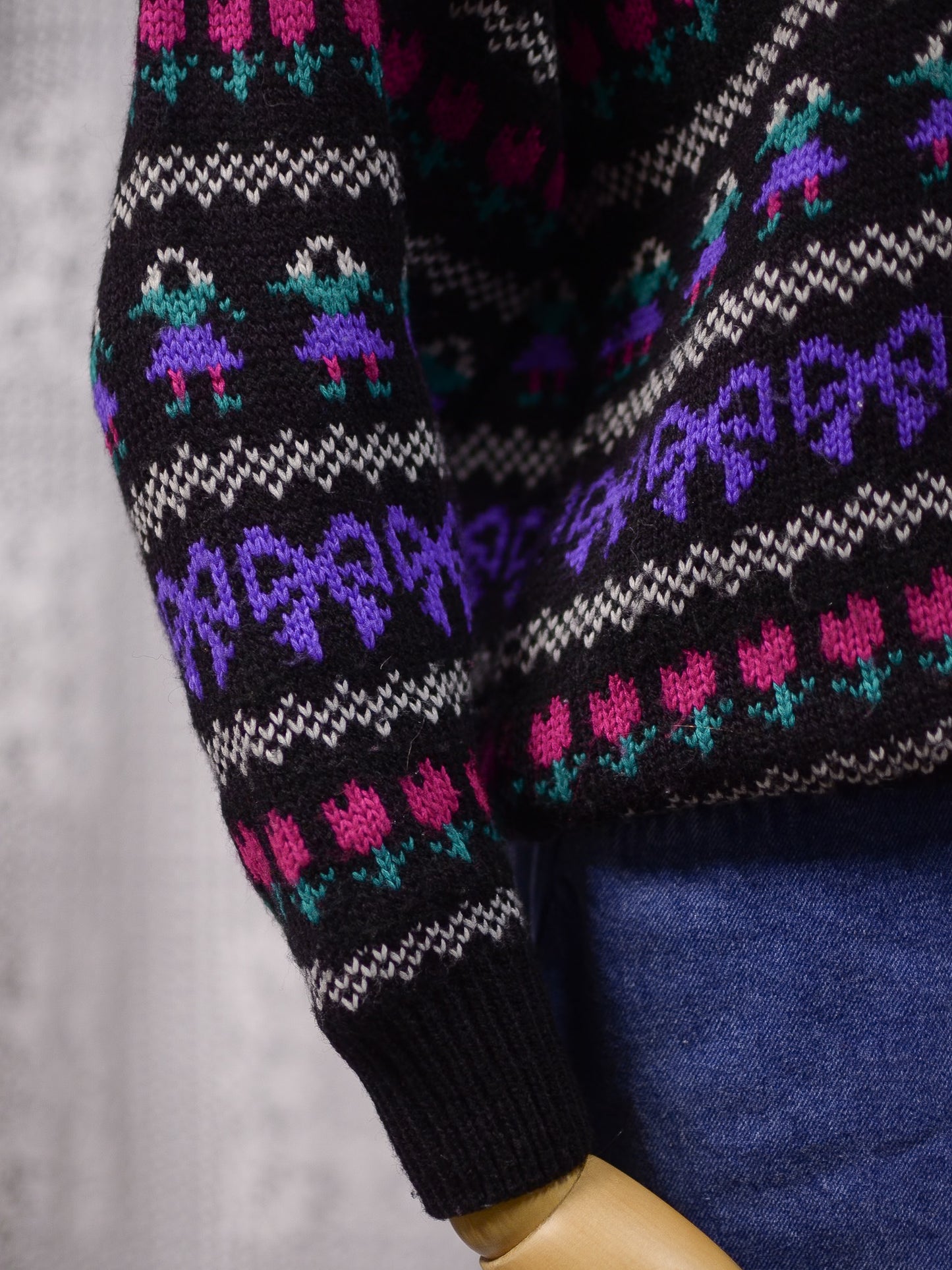 1980s black, purple and pink striped folk pattern jumper