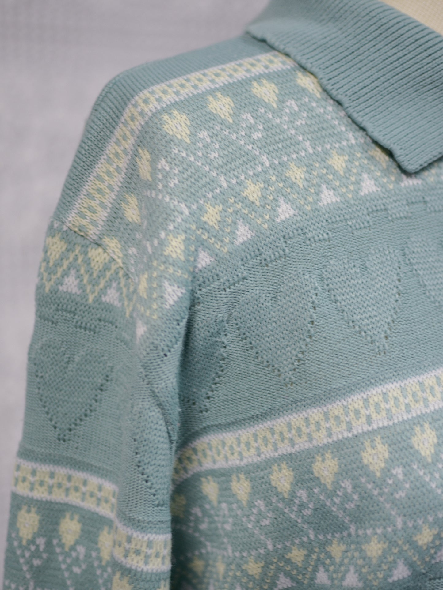 1990s mint green heart stripe patterned collared jumper