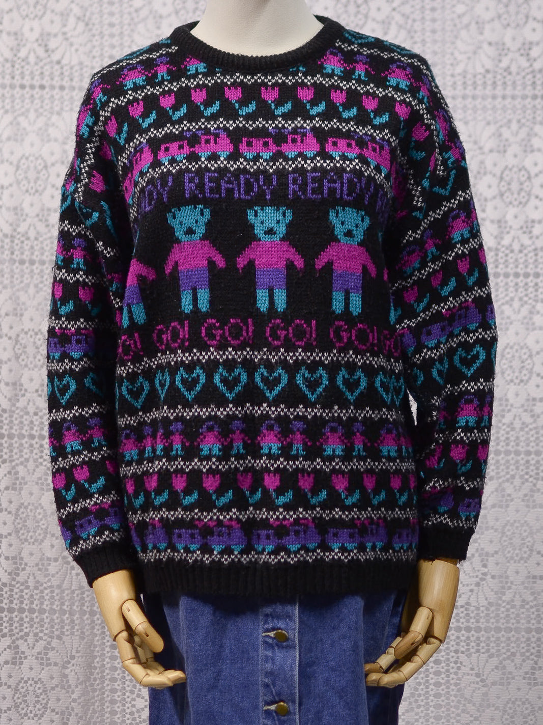 1980s black, pink and purple teddy bear novelty jumper