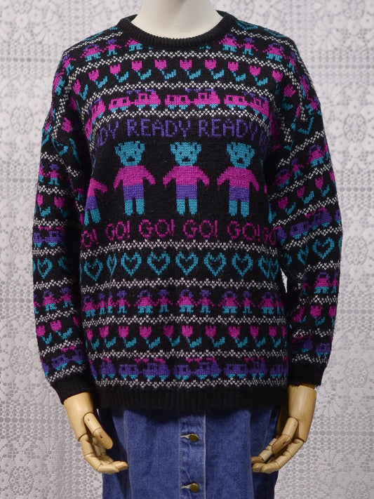 1980s black, pink and purple teddy bear novelty jumper