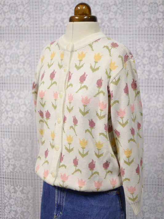 1990s cream, pink and yellow tulip floral pattern cardigan