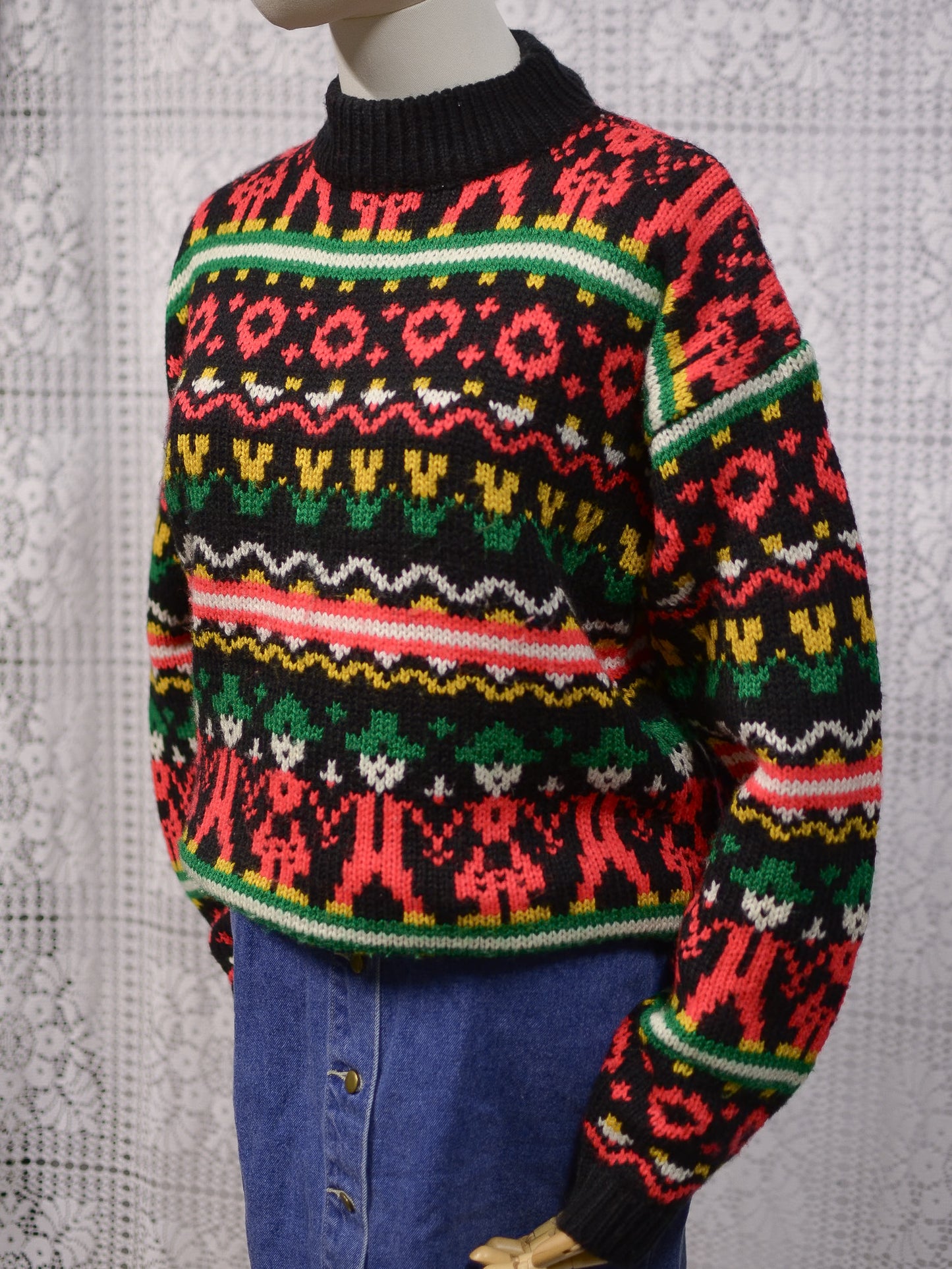1980s Topshop black, red, green and yellow folk pattern jumper