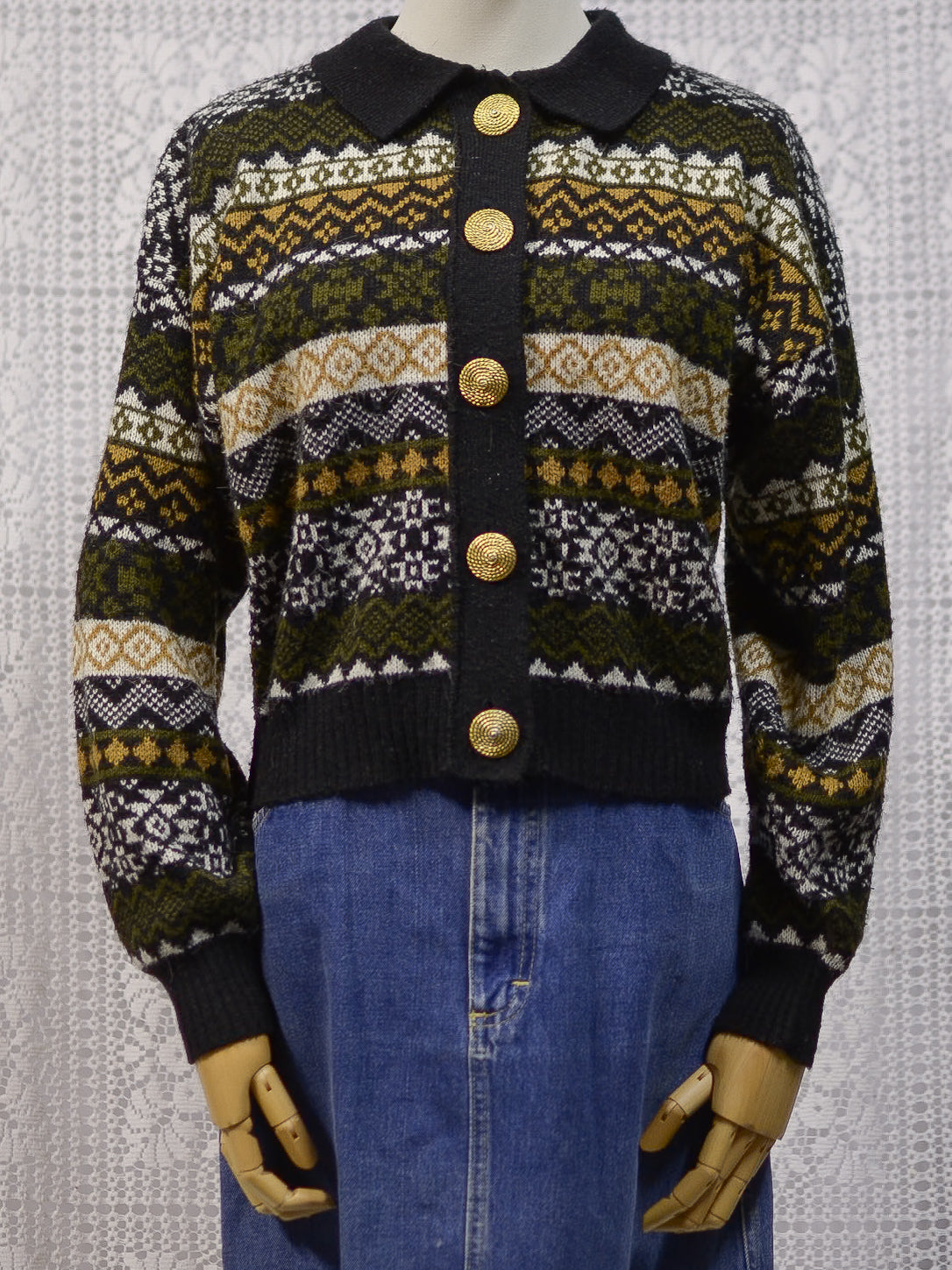1980s C&A Yessica black, green and brown patterned stripe collared cardigan with gold buttons
