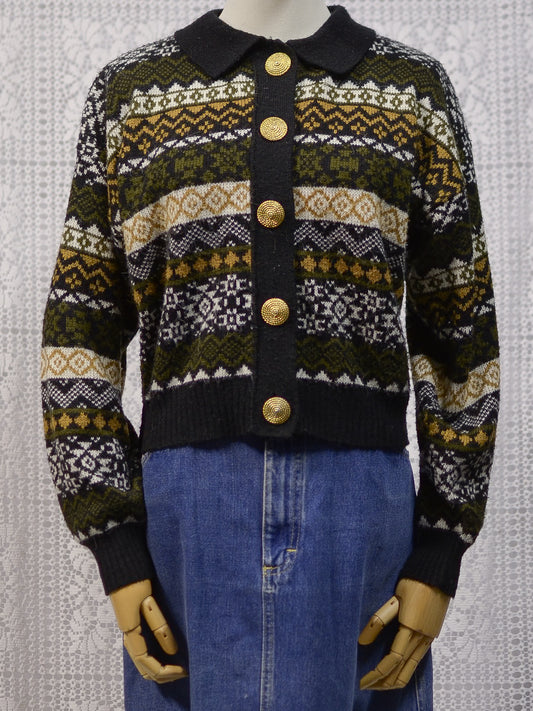1980s C&A Yessica black, green and brown patterned stripe collared cardigan with gold buttons
