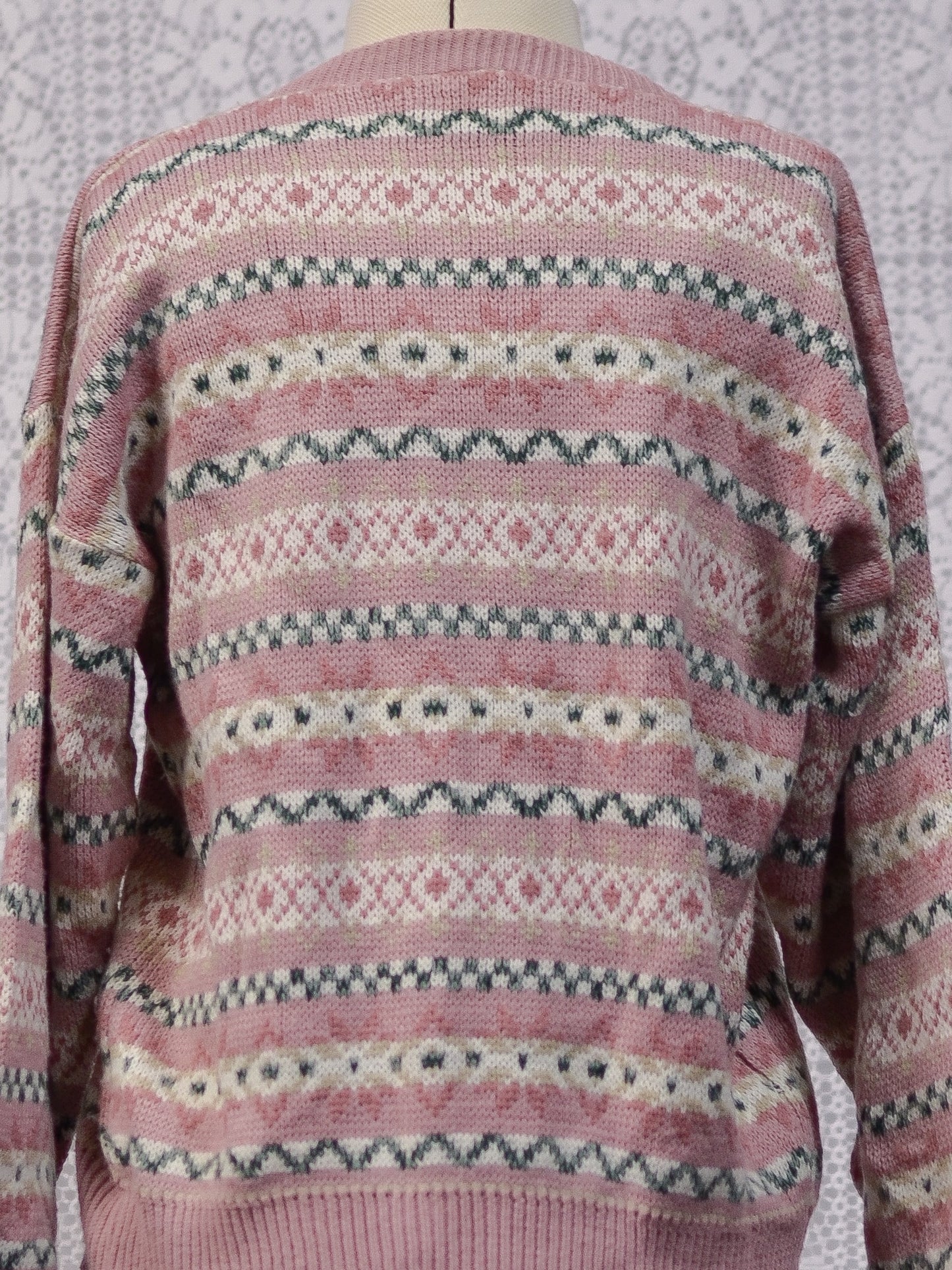 1980s pink and green fairisle style snowflake nordic cardigan