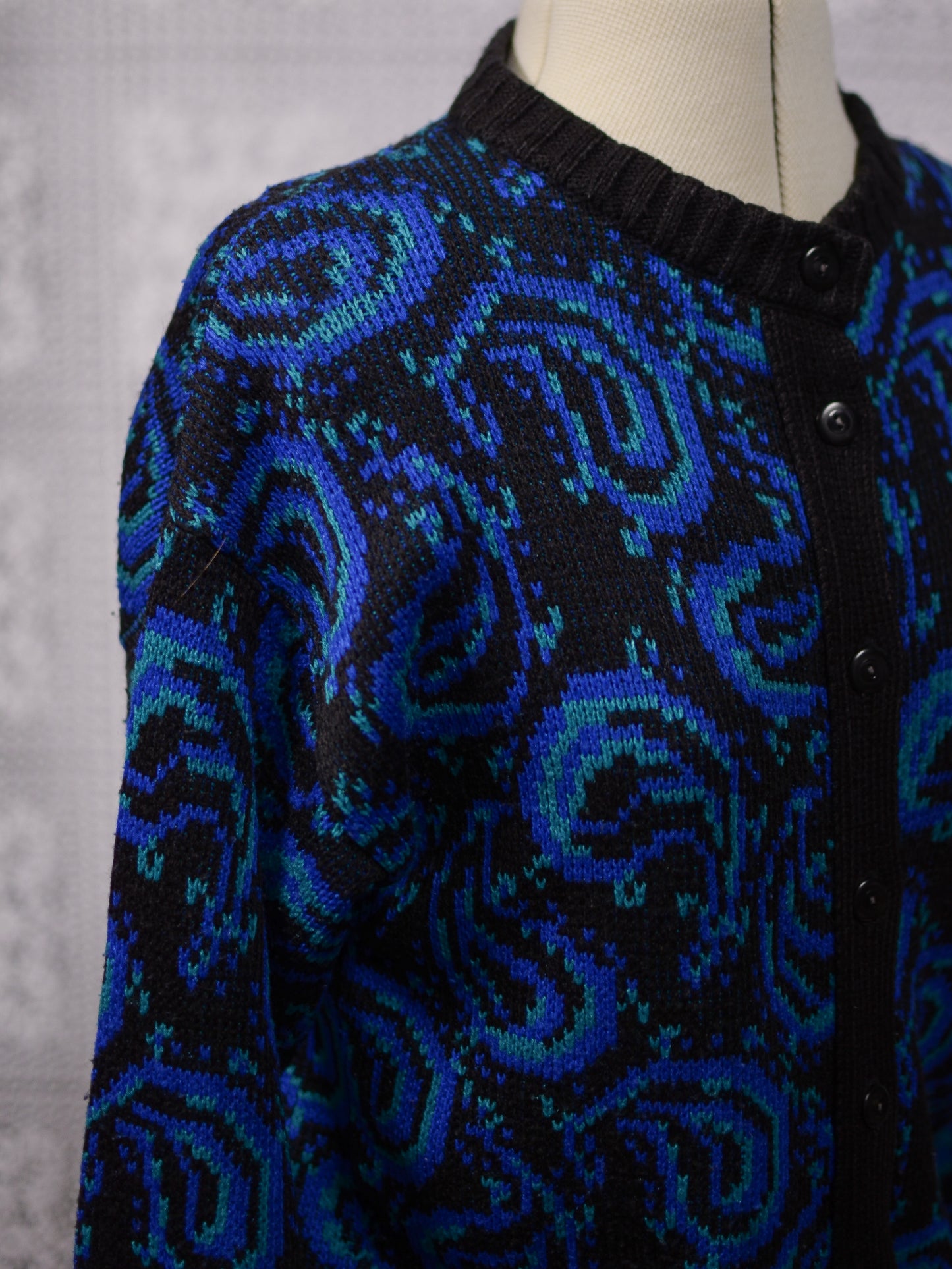 1980s St Michael black, blue and green paisley pattern button-through crew neck cardigan