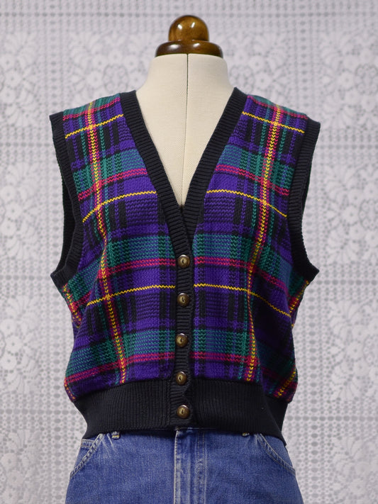 1990s Liz Claiborne black, purple, green, pink and yellow tartan knitted waistcoat