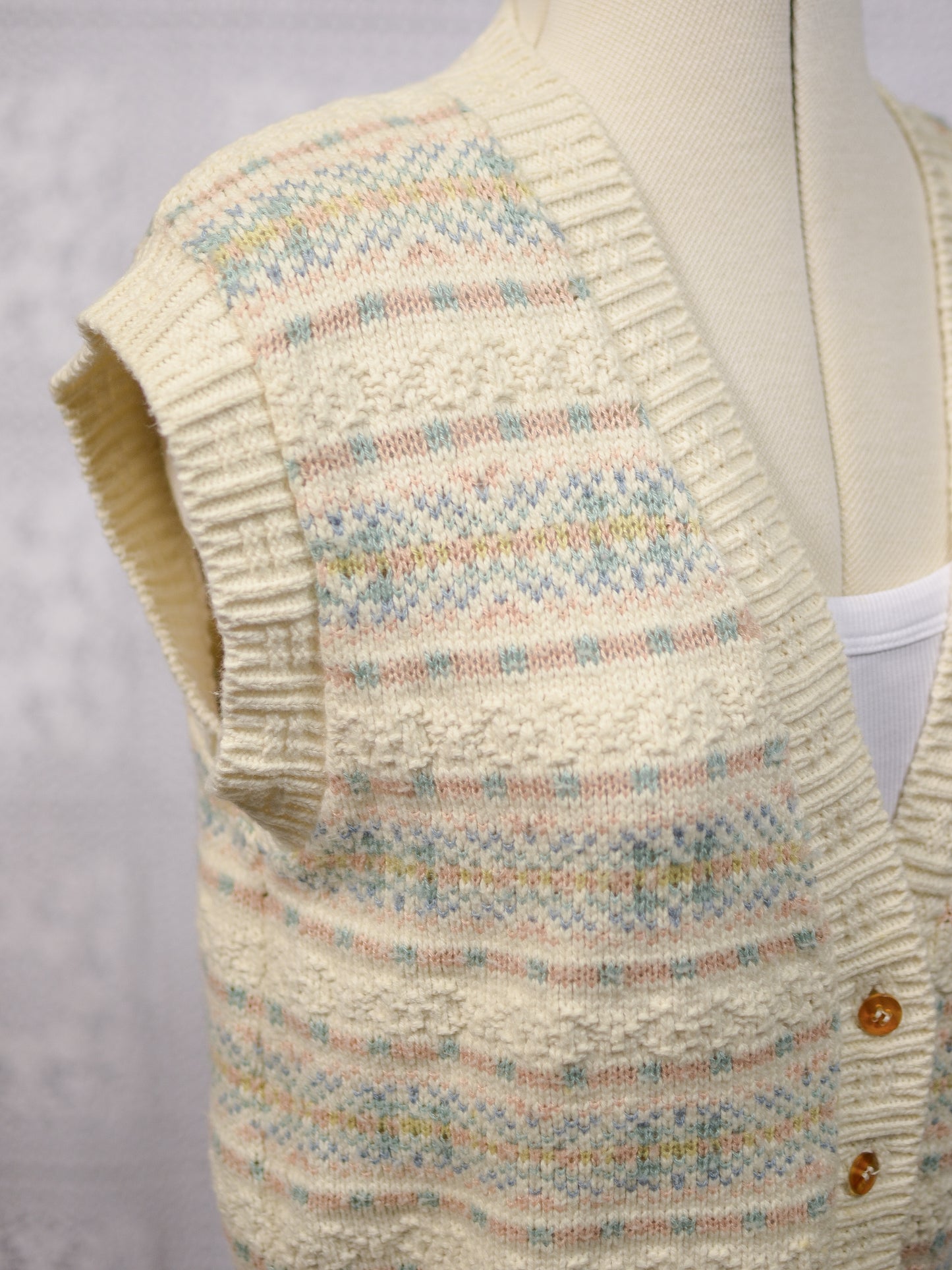 1990s BHS cream, pink and blue nordic fairisle style pattern knitted waistcoat