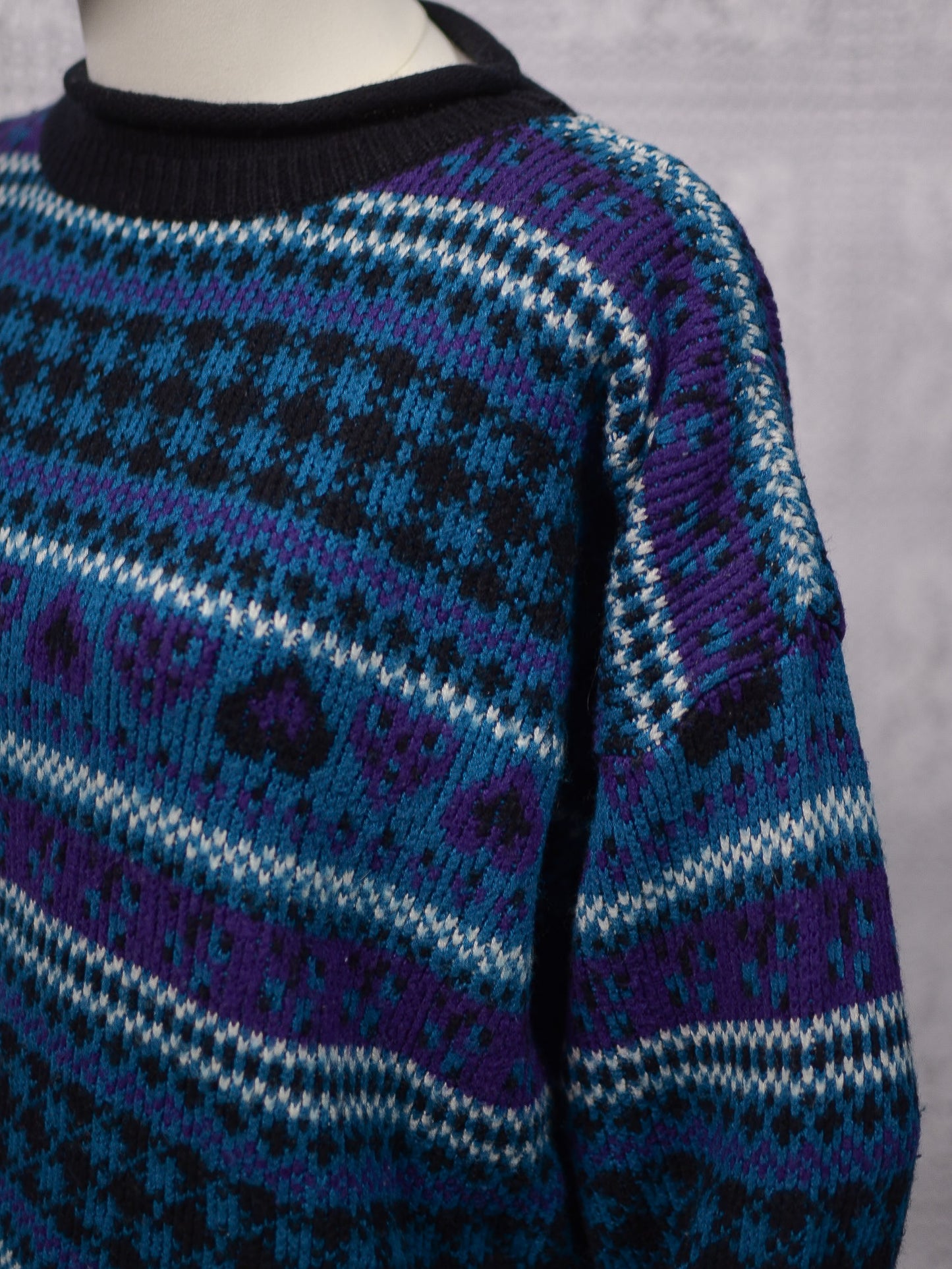 1990s Stefano black, turquoise and purple heart and stripe pattern jumper