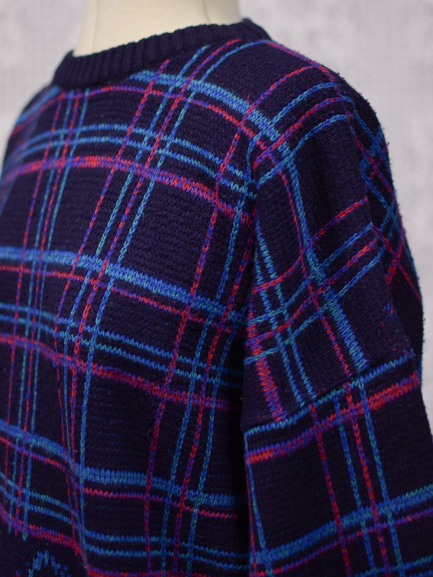 1980s navy, pink and light blue checked and rose floral pattern jumper