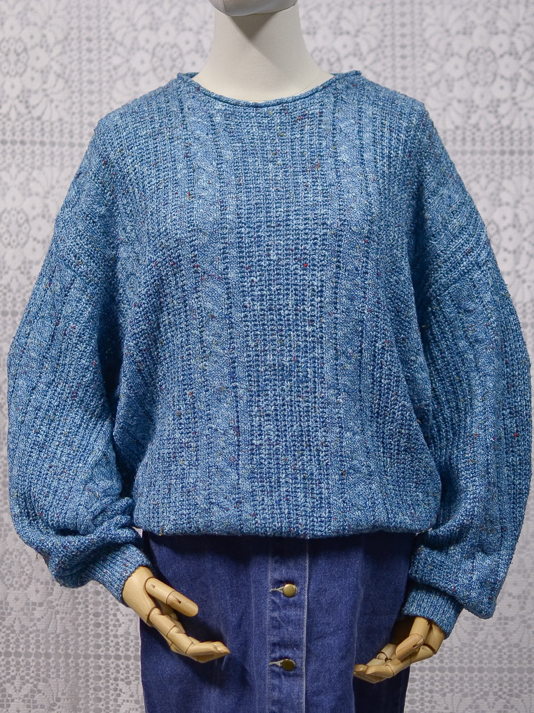 1990s blue and multicolour cotton blend cable knit slouchy jumper