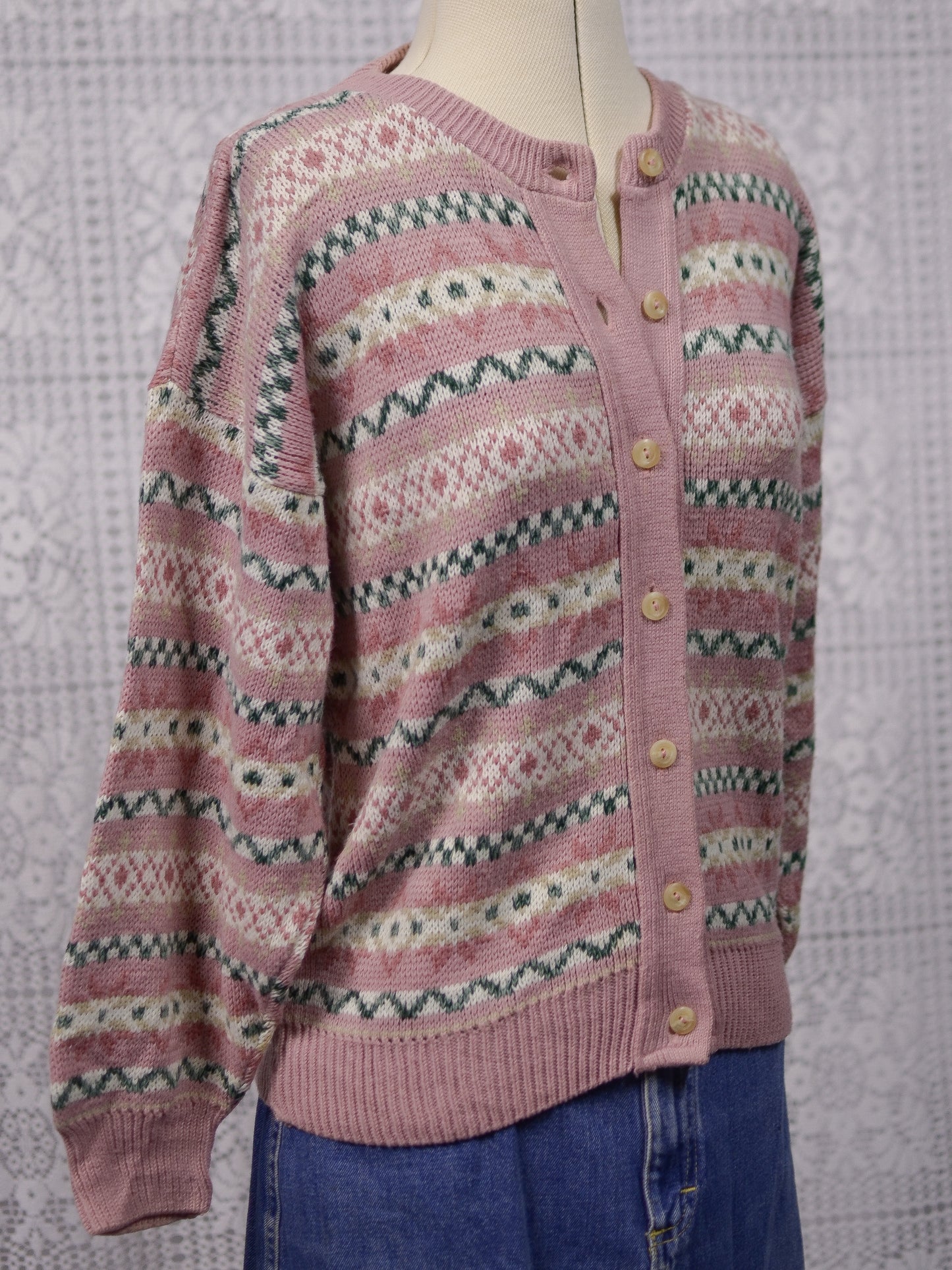 1980s pink and green fairisle style snowflake nordic cardigan