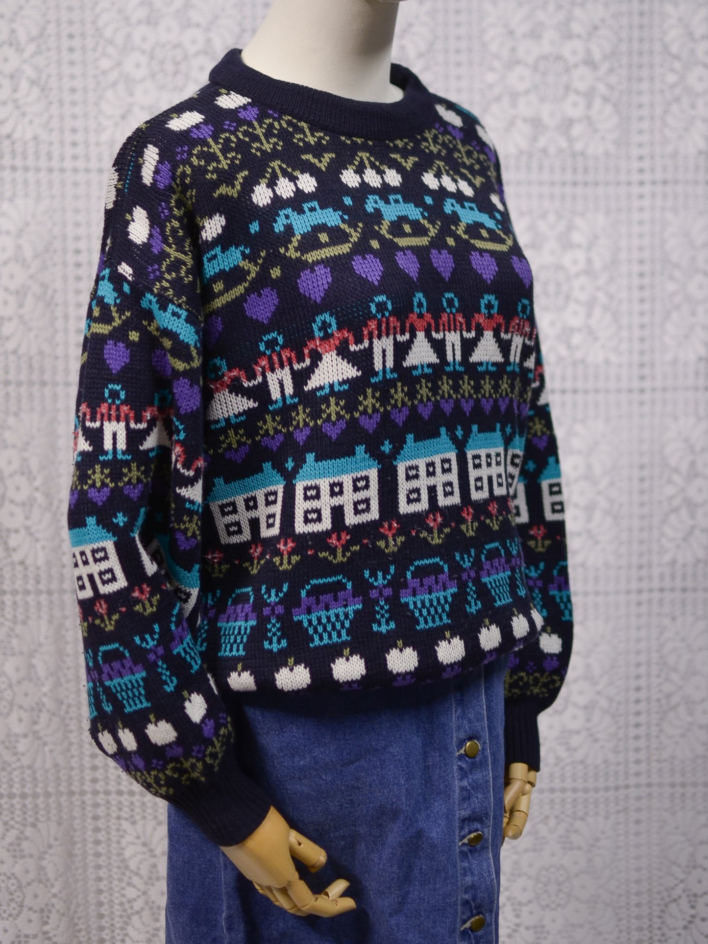 1980s navy blue, purple and blue novelty folk pattern jumper