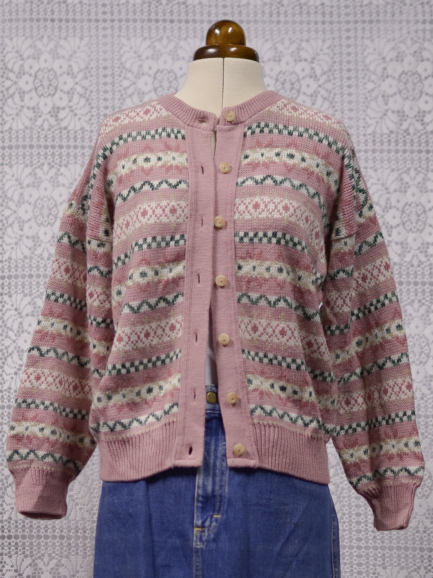 1980s pink and green fairisle style snowflake nordic cardigan