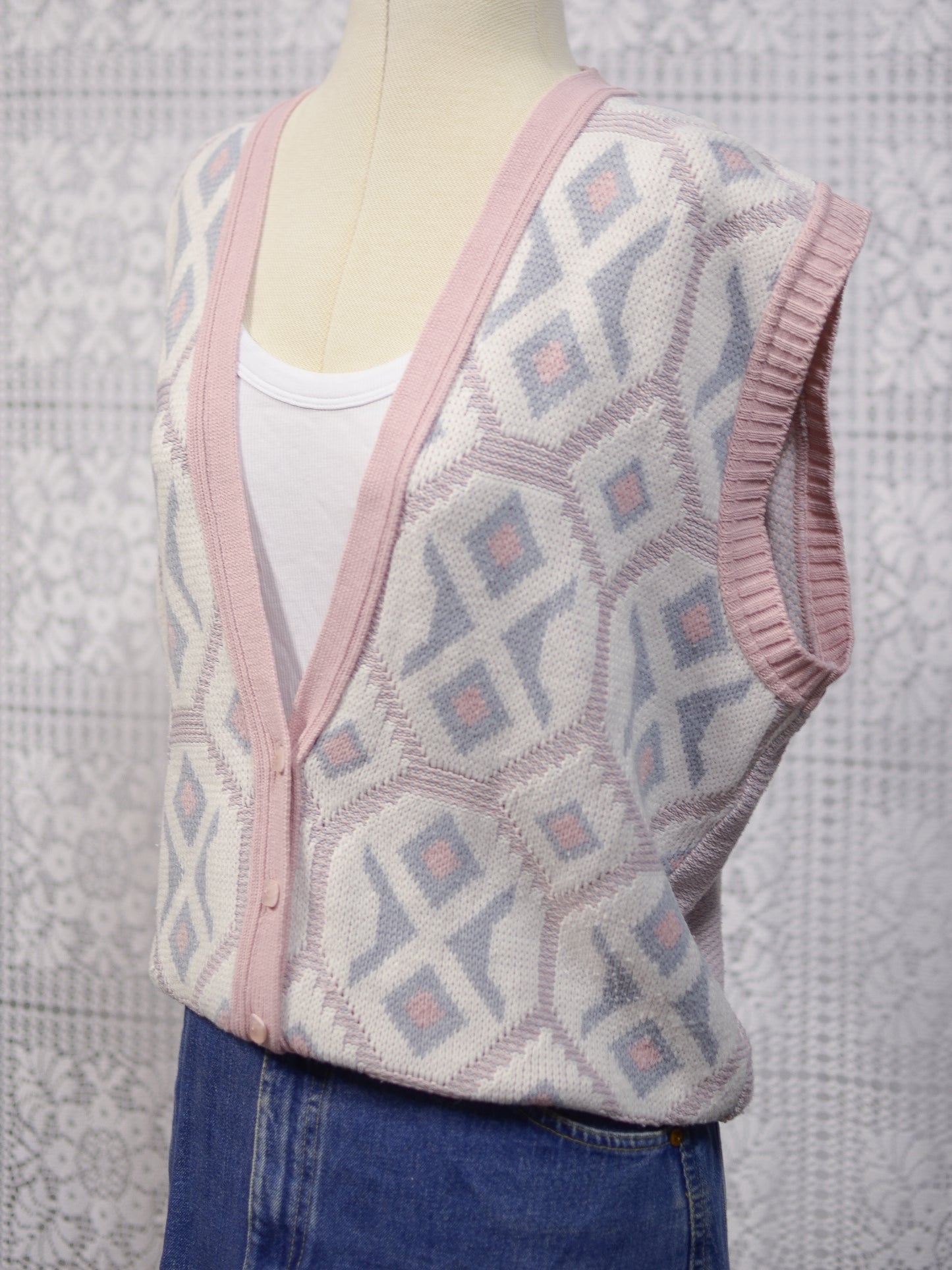 1980s pink, white and blue knitted waistcoat tank top sleeveless cardigan