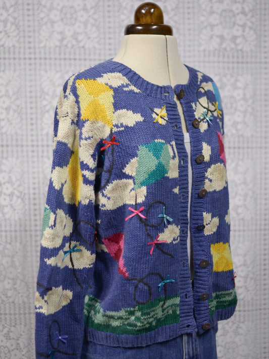 1990s Talbots blue clouds and kites colourful pattern cardigan