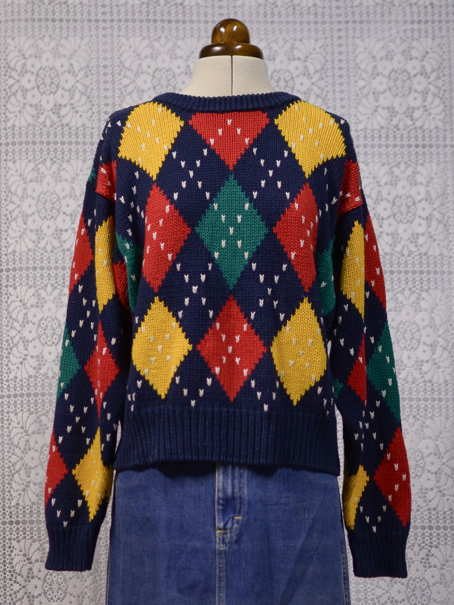 1990s Liz Claiborne navy blue, red, yellow and green argylle cotton jumper