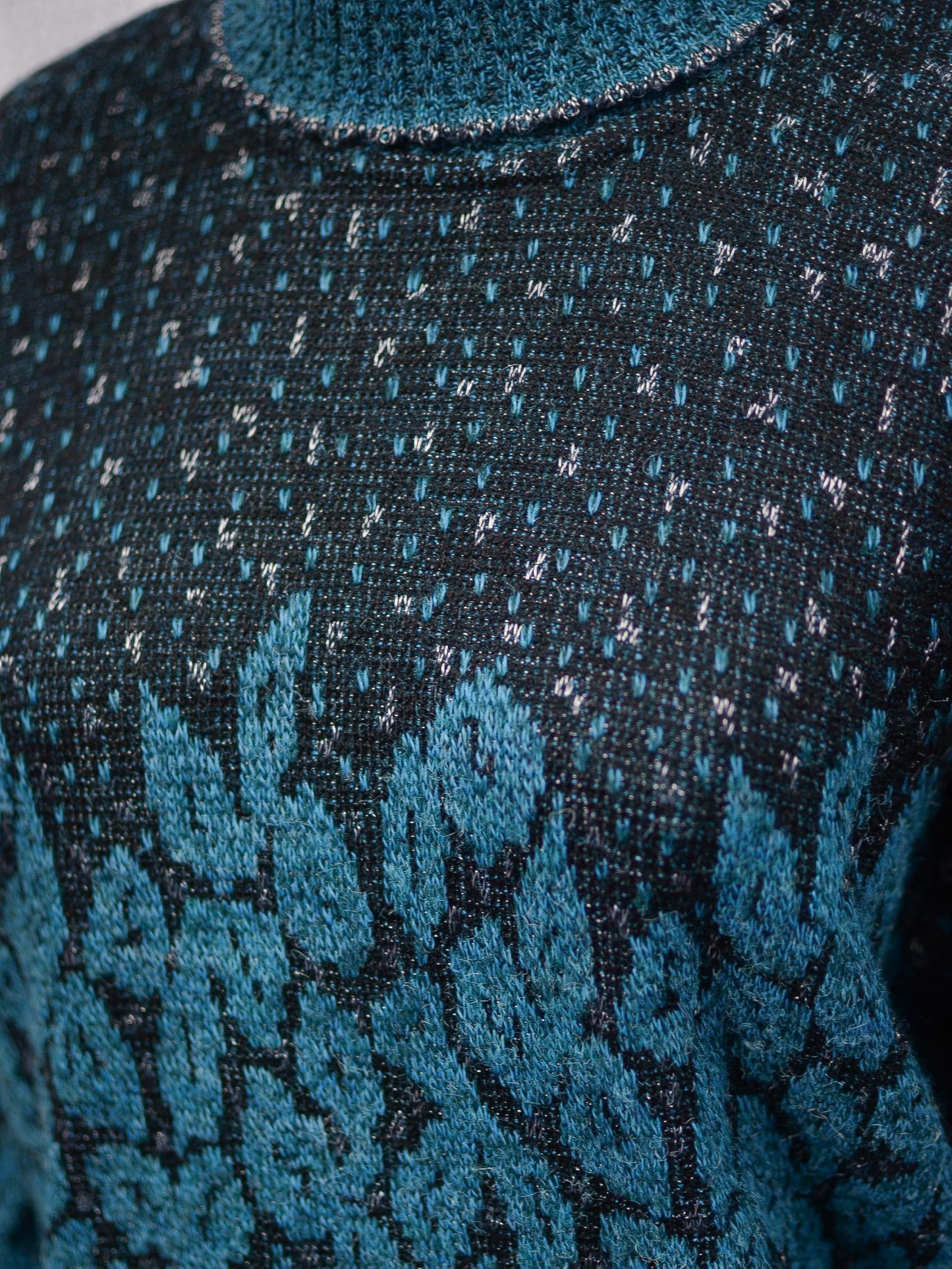 1980s teal, black and silver roll neck batwing jumper