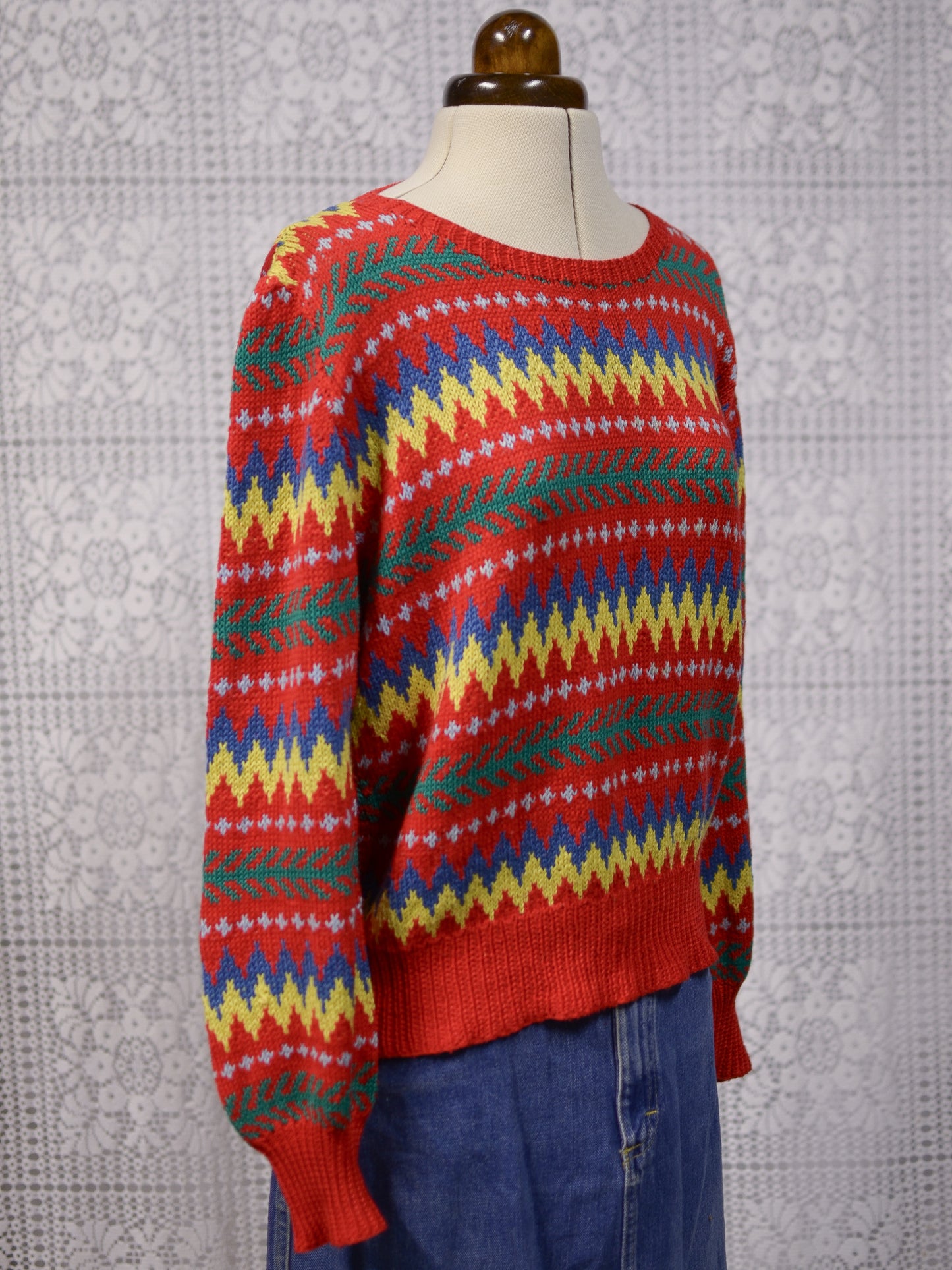 1970s 80s Edina and Lena red, yellow, green and blue hand knitted zigzag cotton jumper