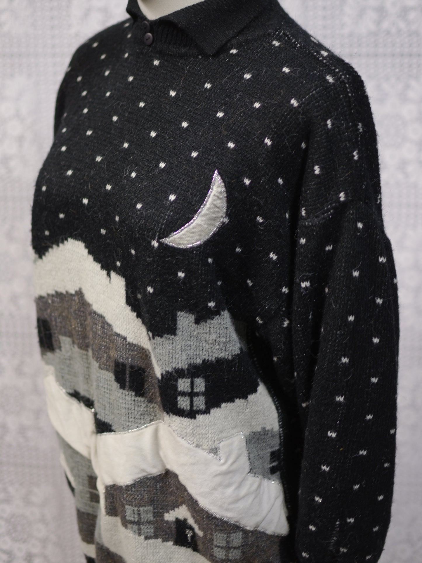 1980s black and white festive snow scene novelty collared jumper