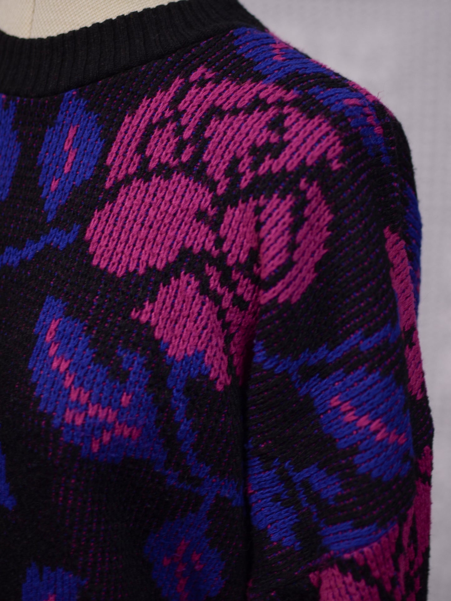 1980s black, purple and pink rose floral print batwing jumper