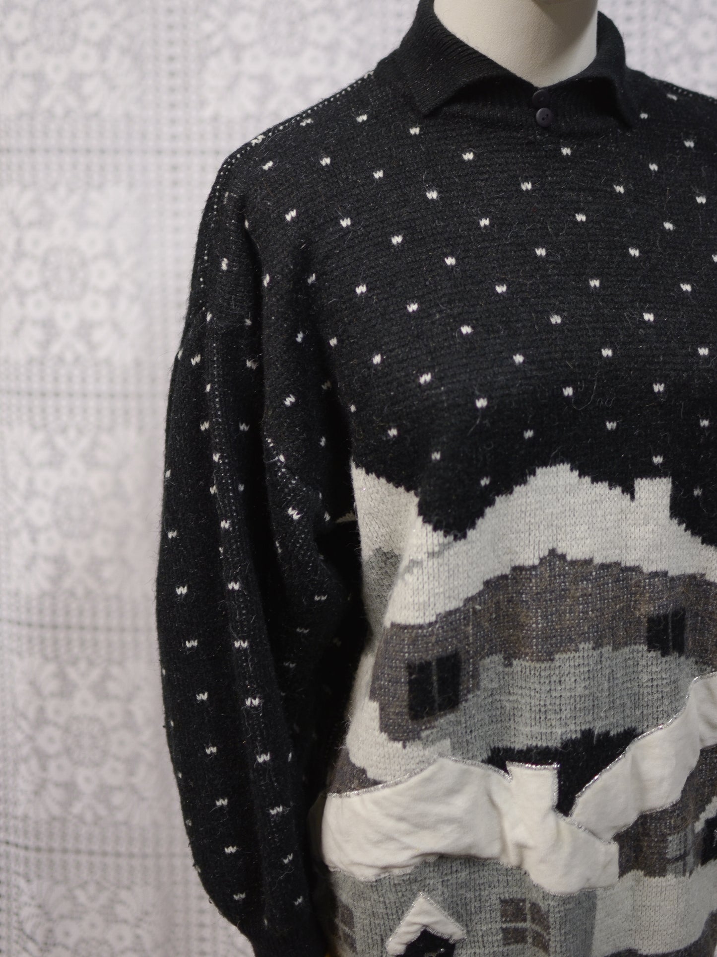 1980s black and white festive snow scene novelty collared jumper