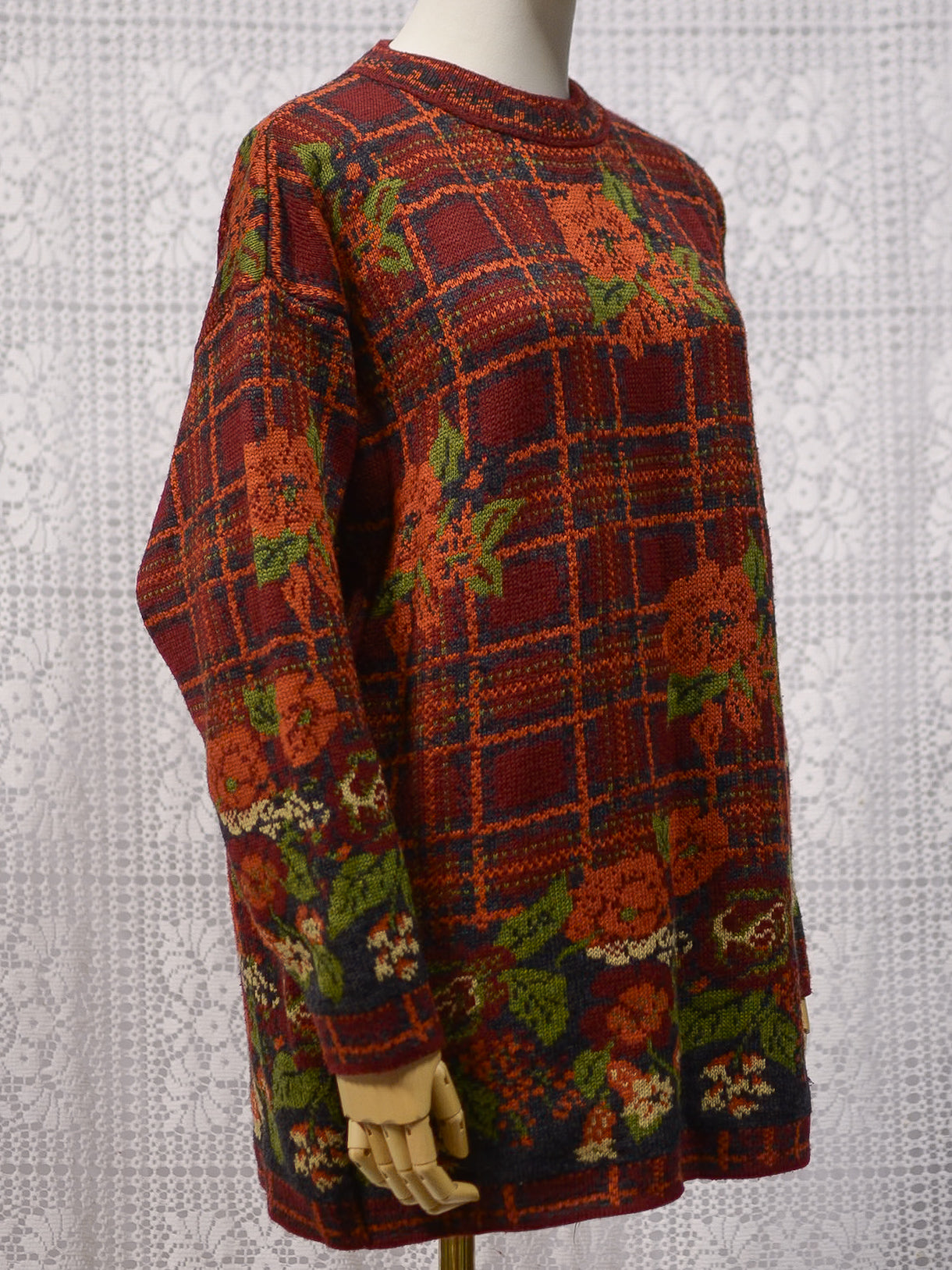 1990s dark red, orange and green tartan and floral print long jumper dress