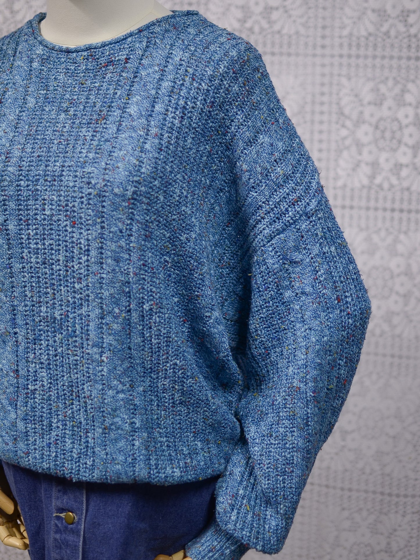1990s blue and multicolour cotton blend cable knit slouchy jumper