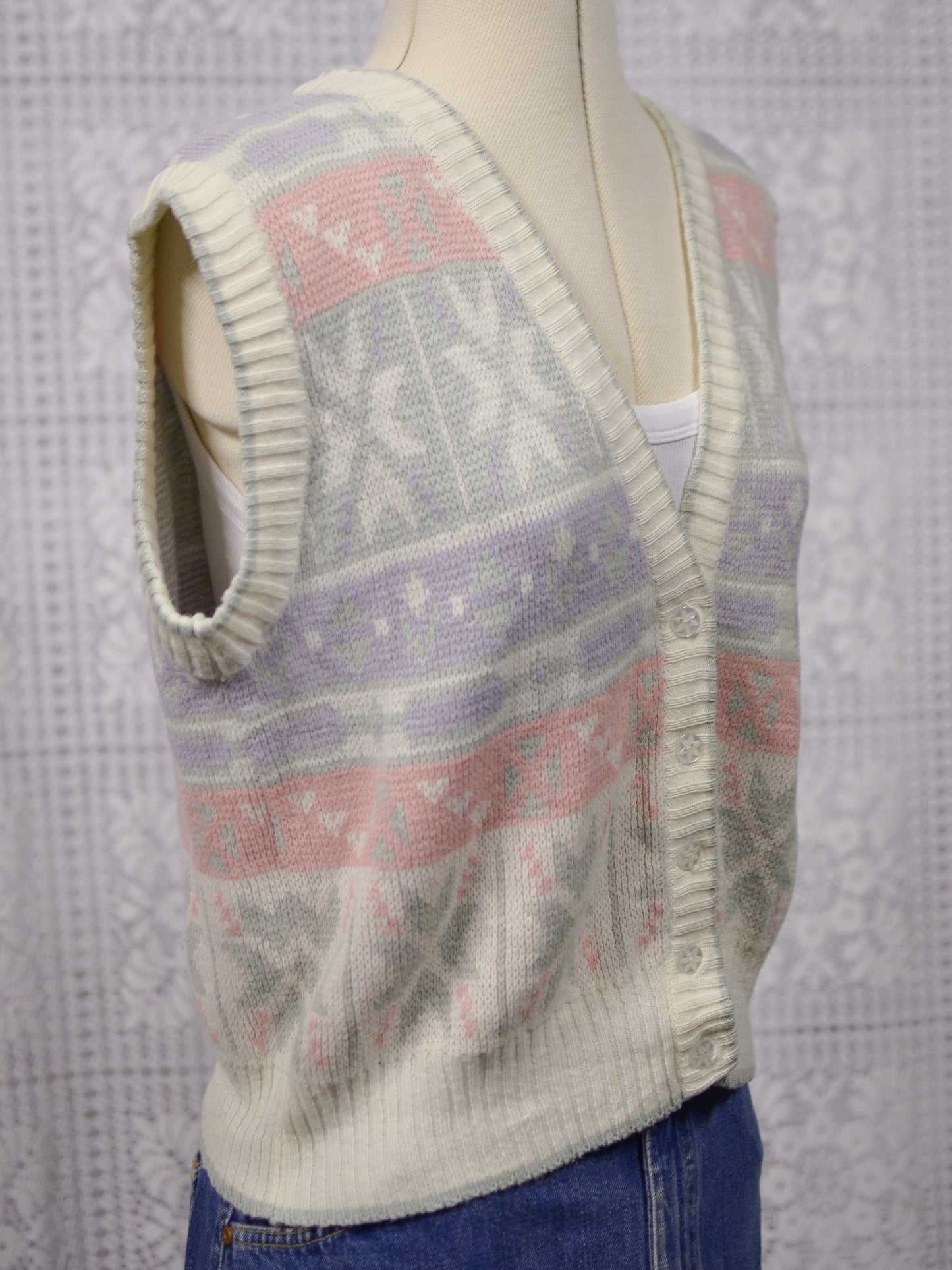 1980s white, pink, pastel blue and green snowflake festive knitted waistcoat