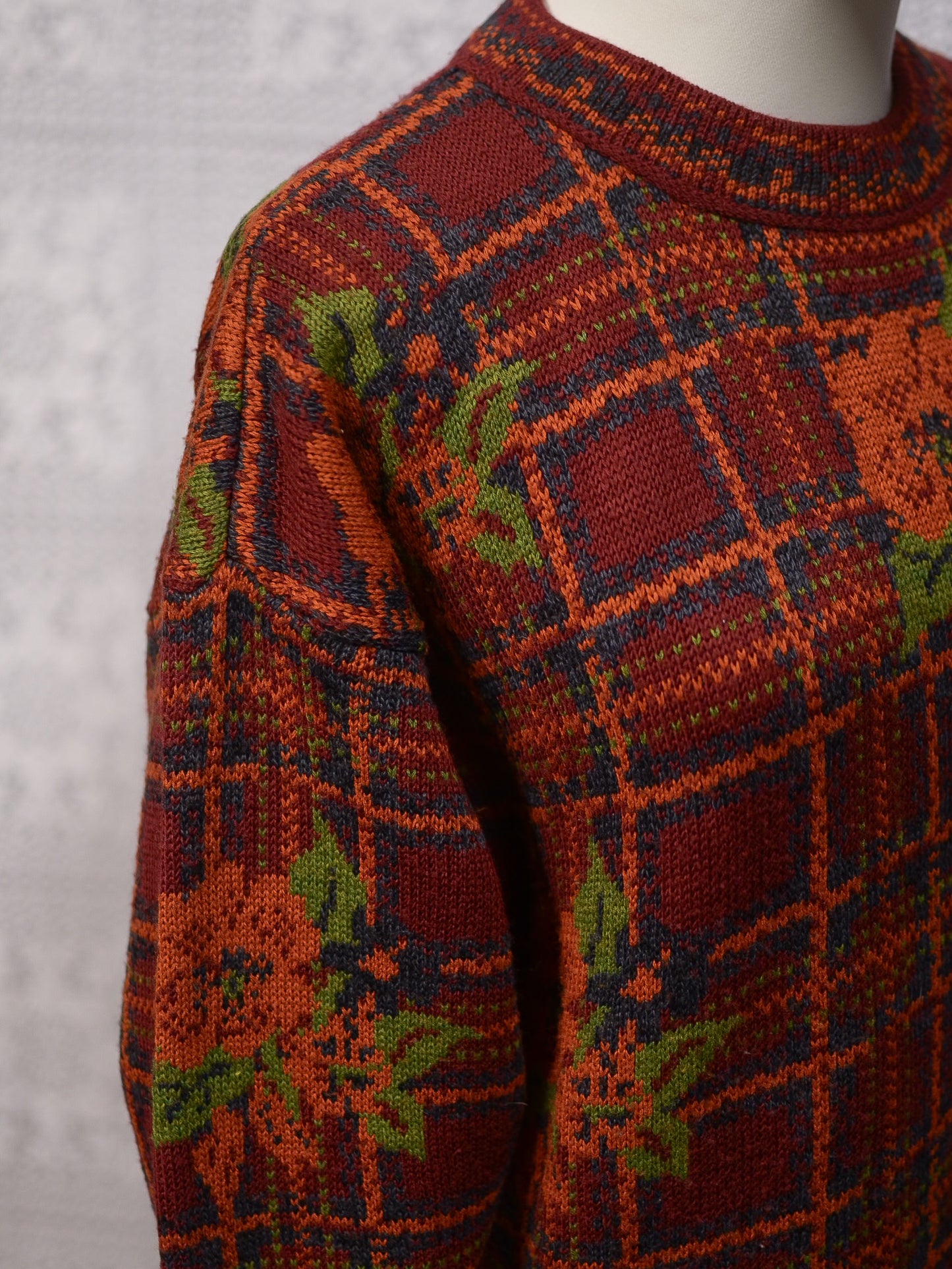 1990s dark red, orange and green tartan and floral print long jumper dress