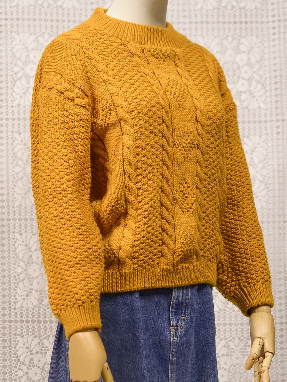 1970s mustard yellow chunky cable knit jumper