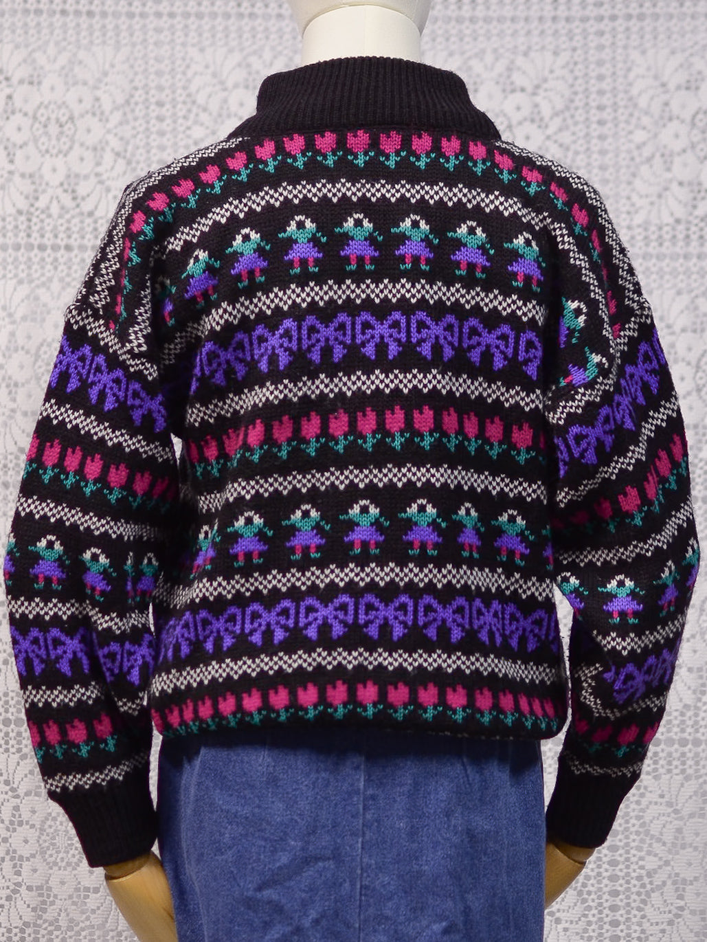 1980s black, purple and pink striped folk pattern jumper