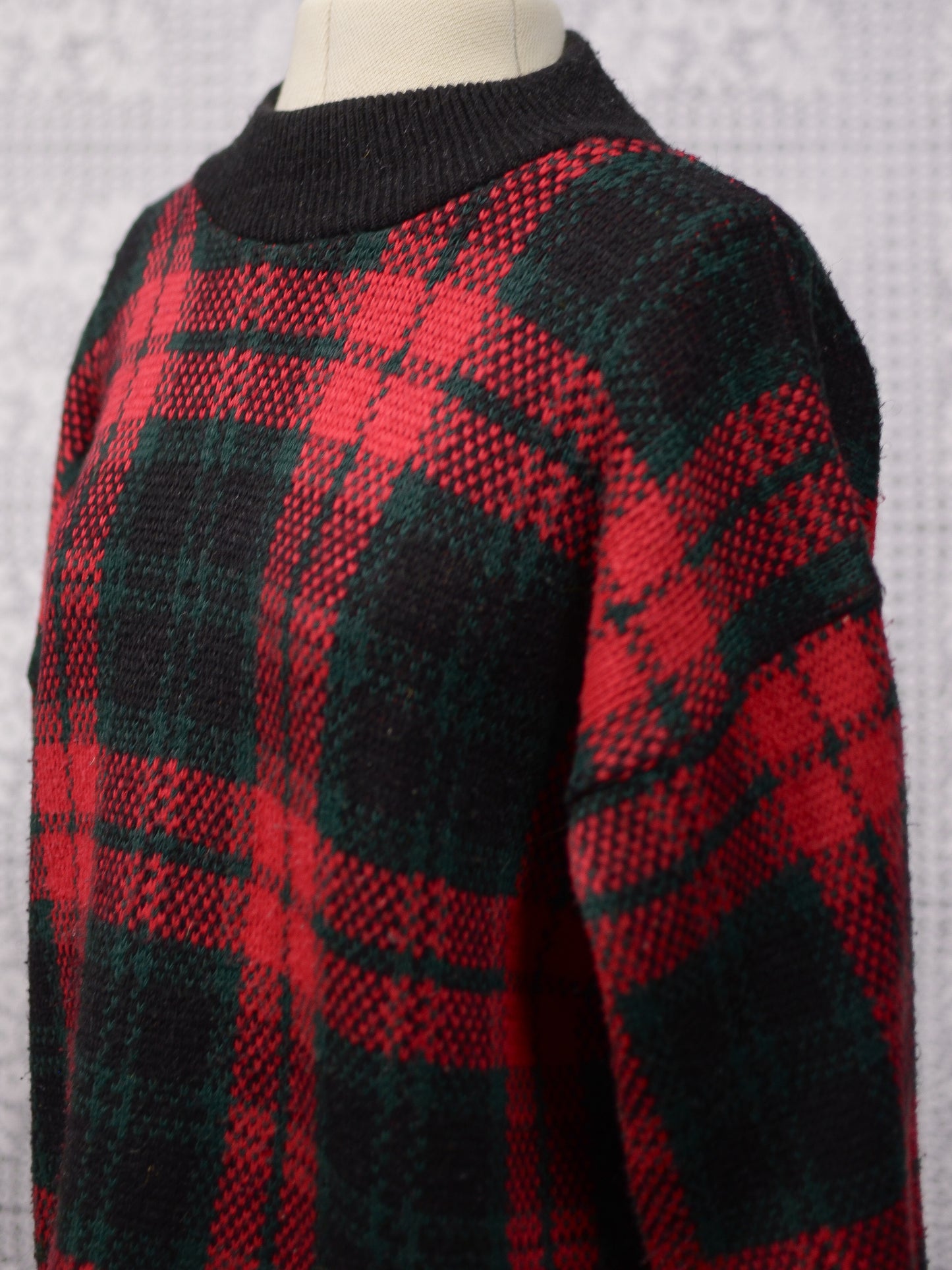 1980s C&A red, green and black tartan checked jumper