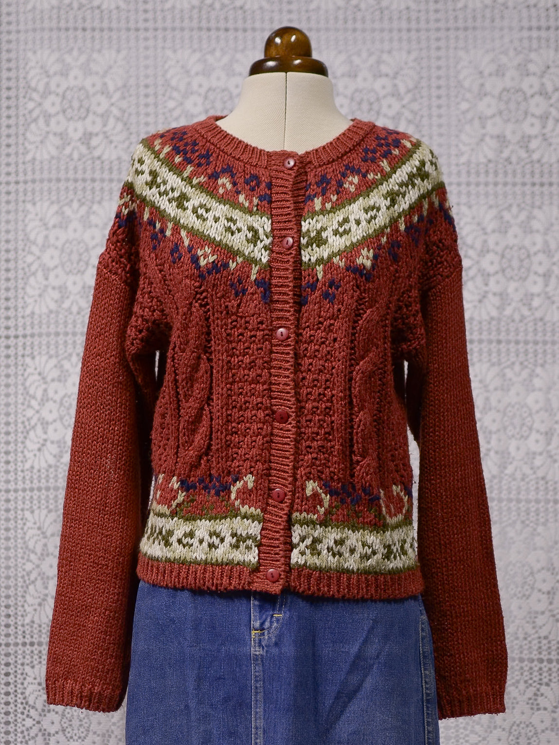 1990s dark red brown and cream floral pattern nordic cardigan