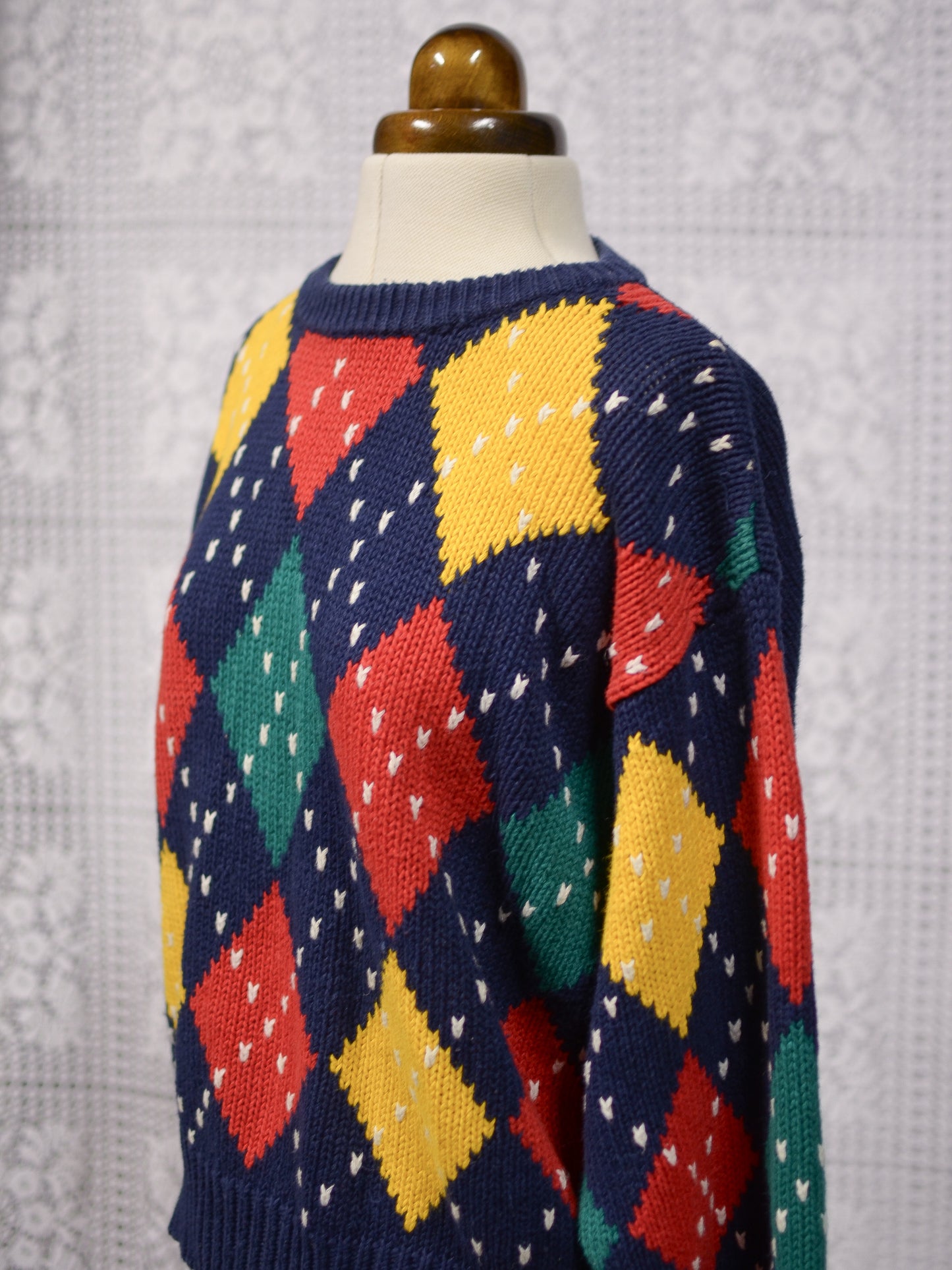 1990s Liz Claiborne navy blue, red, yellow and green argylle cotton jumper