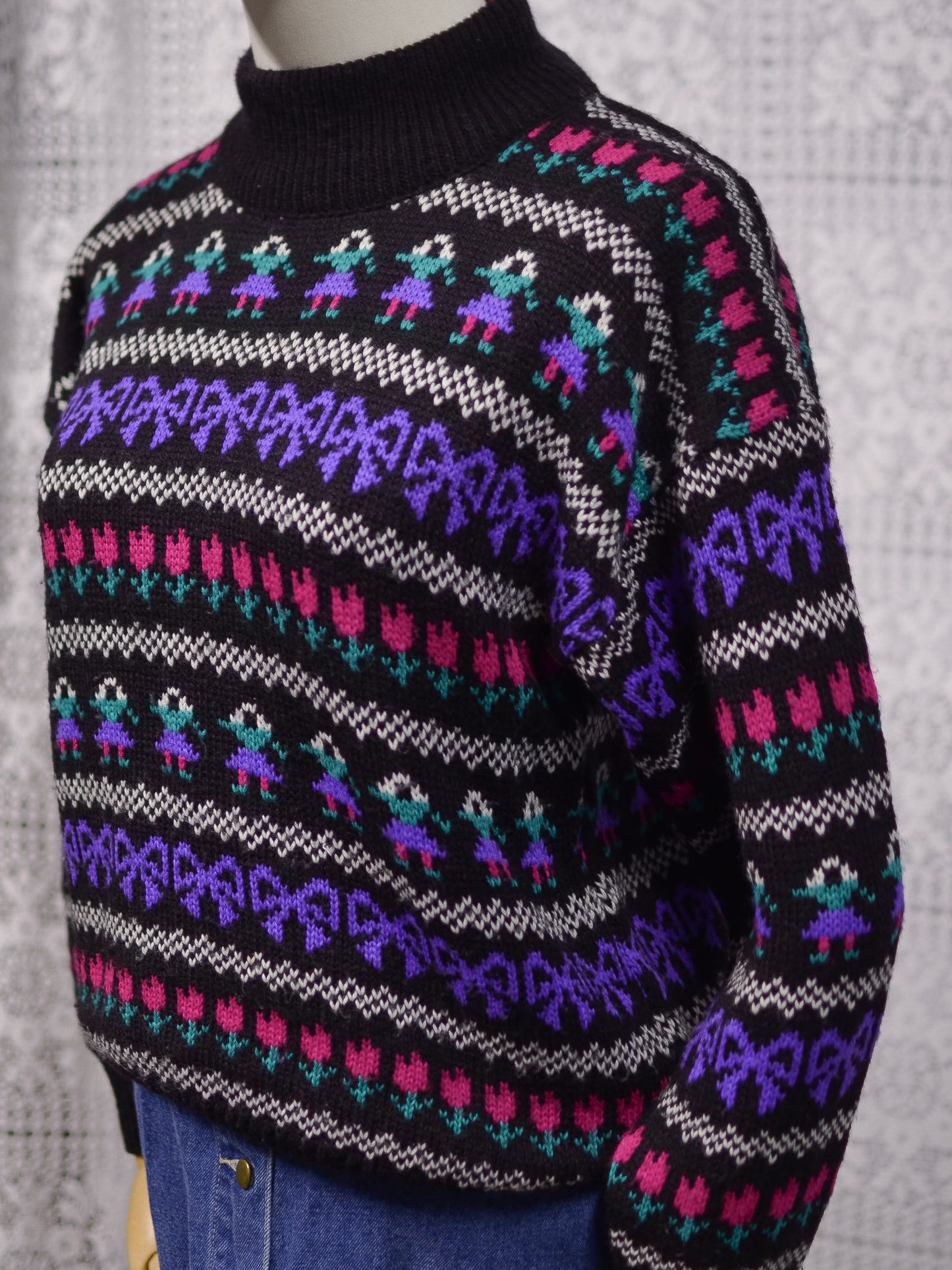 1980s black, purple and pink striped folk pattern jumper
