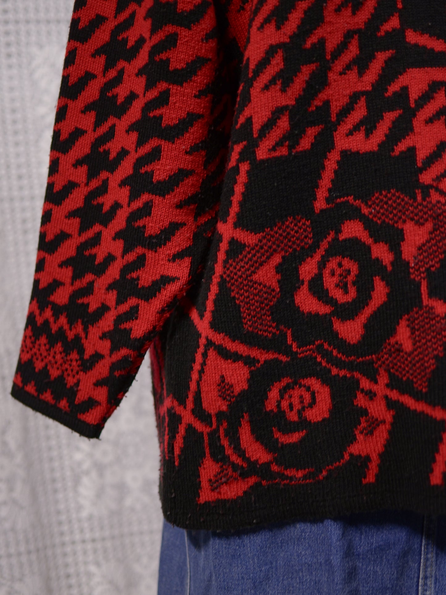 1990s St Michael red and black houndstooth and rose pattern long roll neck jumper