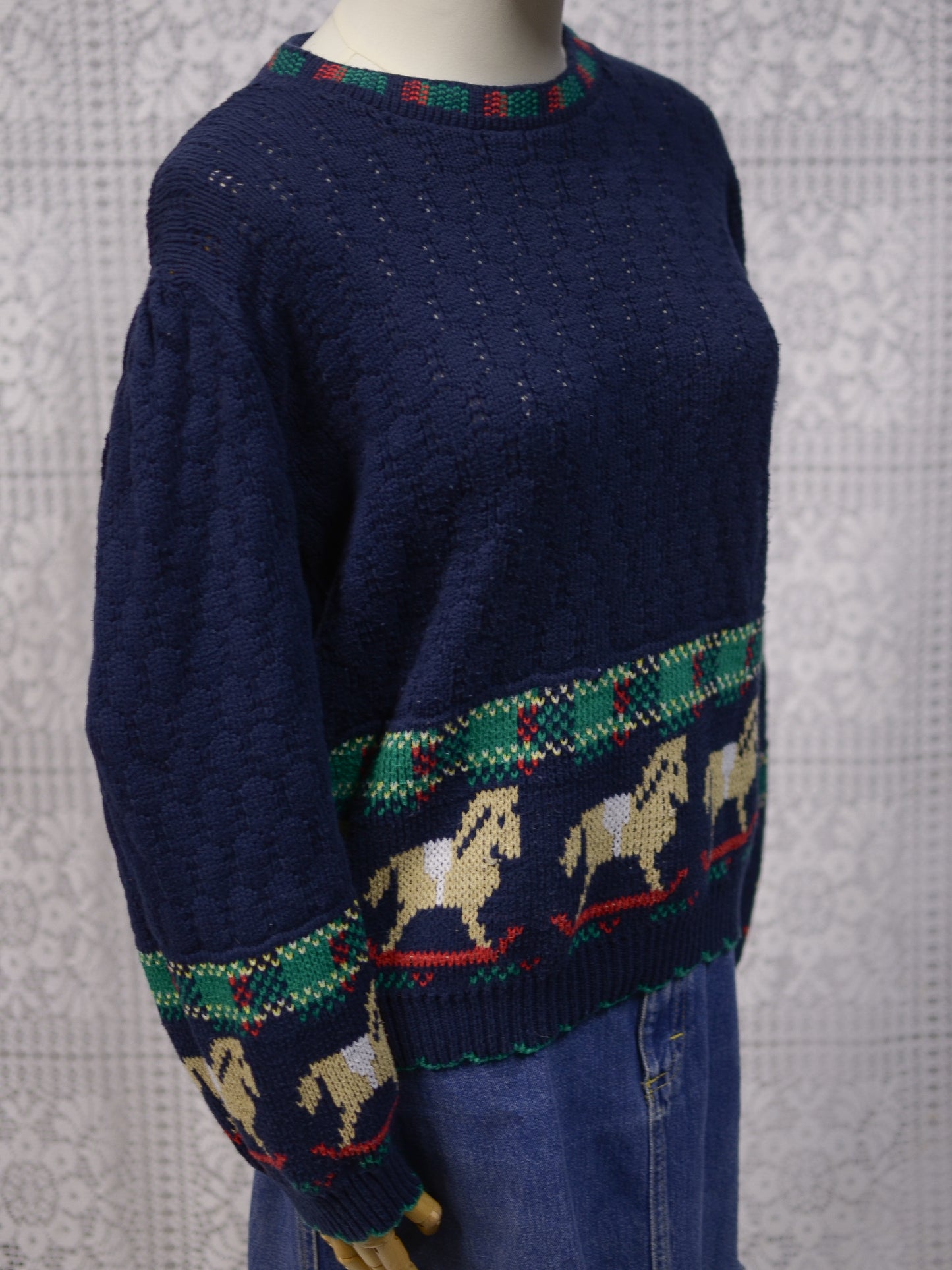 1990s Sweater Loft navy and green rocking horse novelty festive jumper