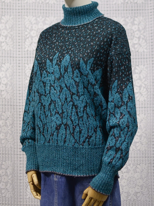 1980s teal, black and silver roll neck batwing jumper