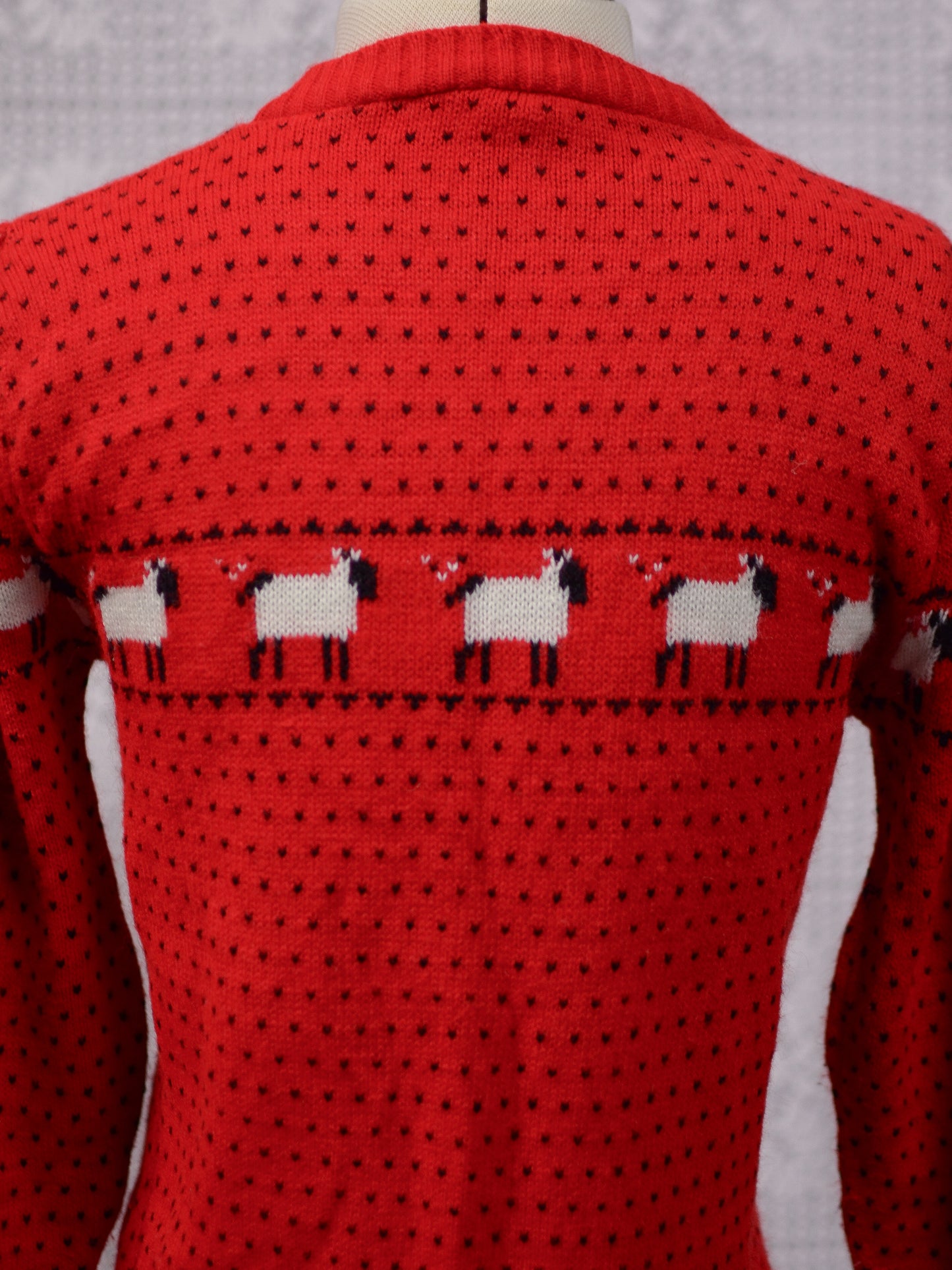 1970s red, white and black sheep and spotty pattern fitted jumper