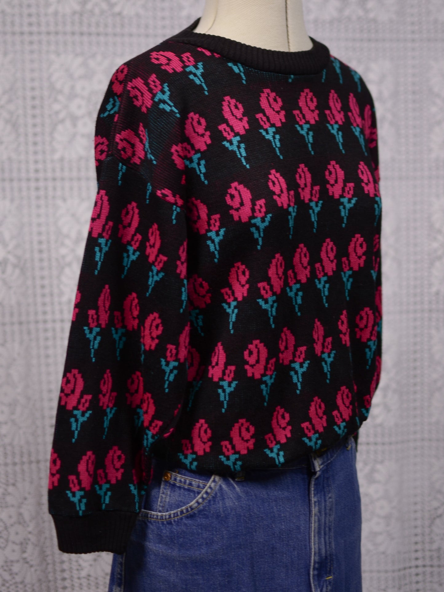 1980s black, hot pink and green rose print 3/4 length sleeve jumper