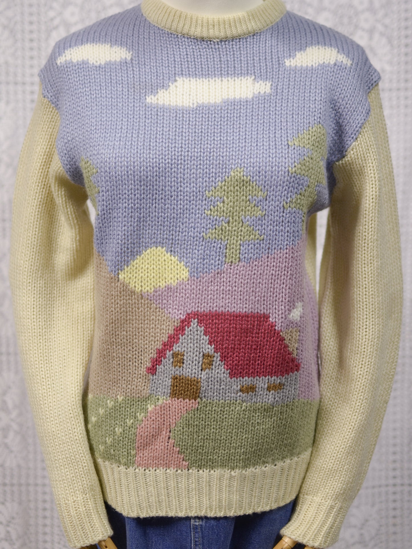 1980s Chelsea Girl cream and pastel cottage pattern jumper