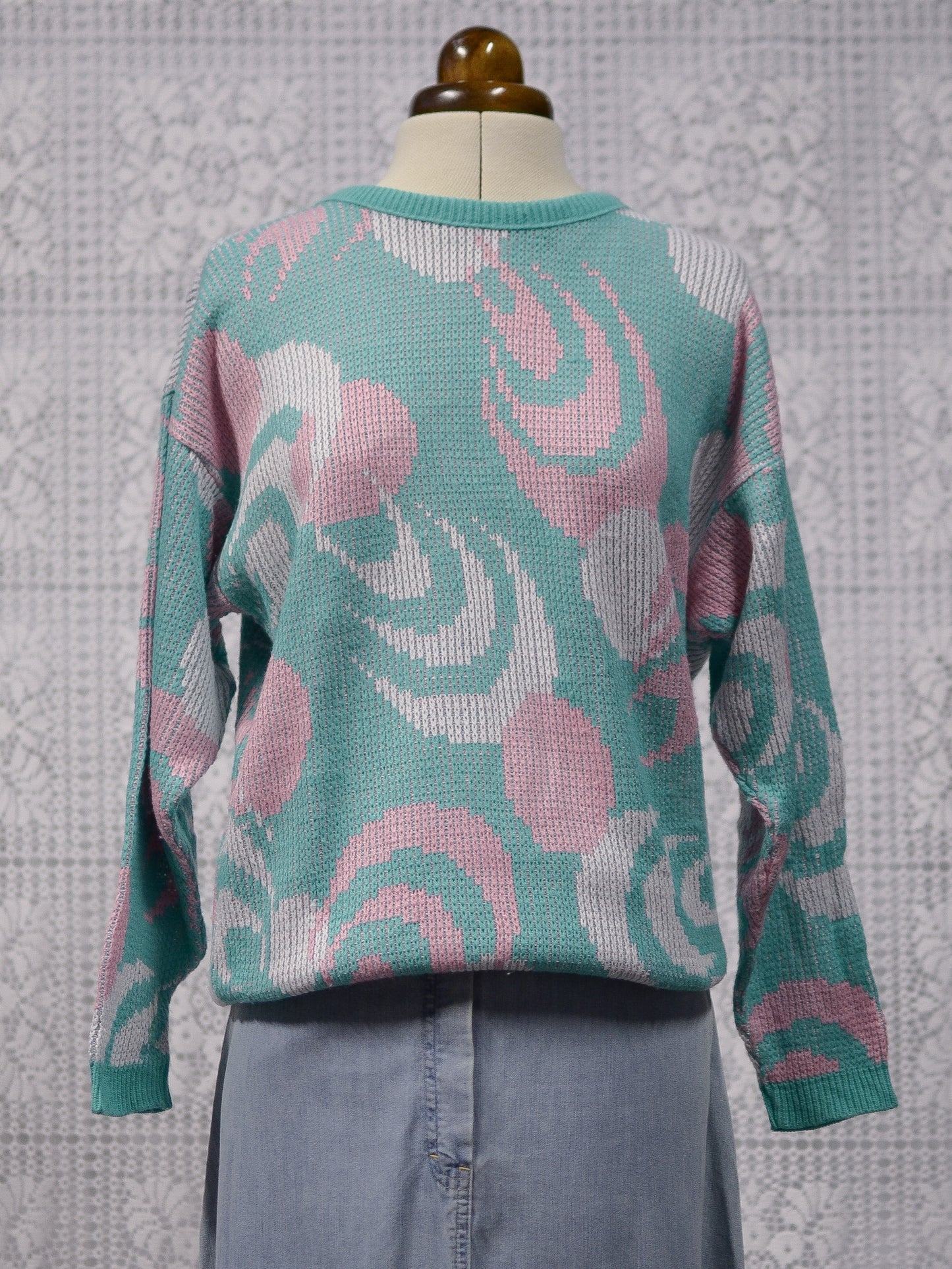 1980s mint green, pink and white abstract pattern jumper